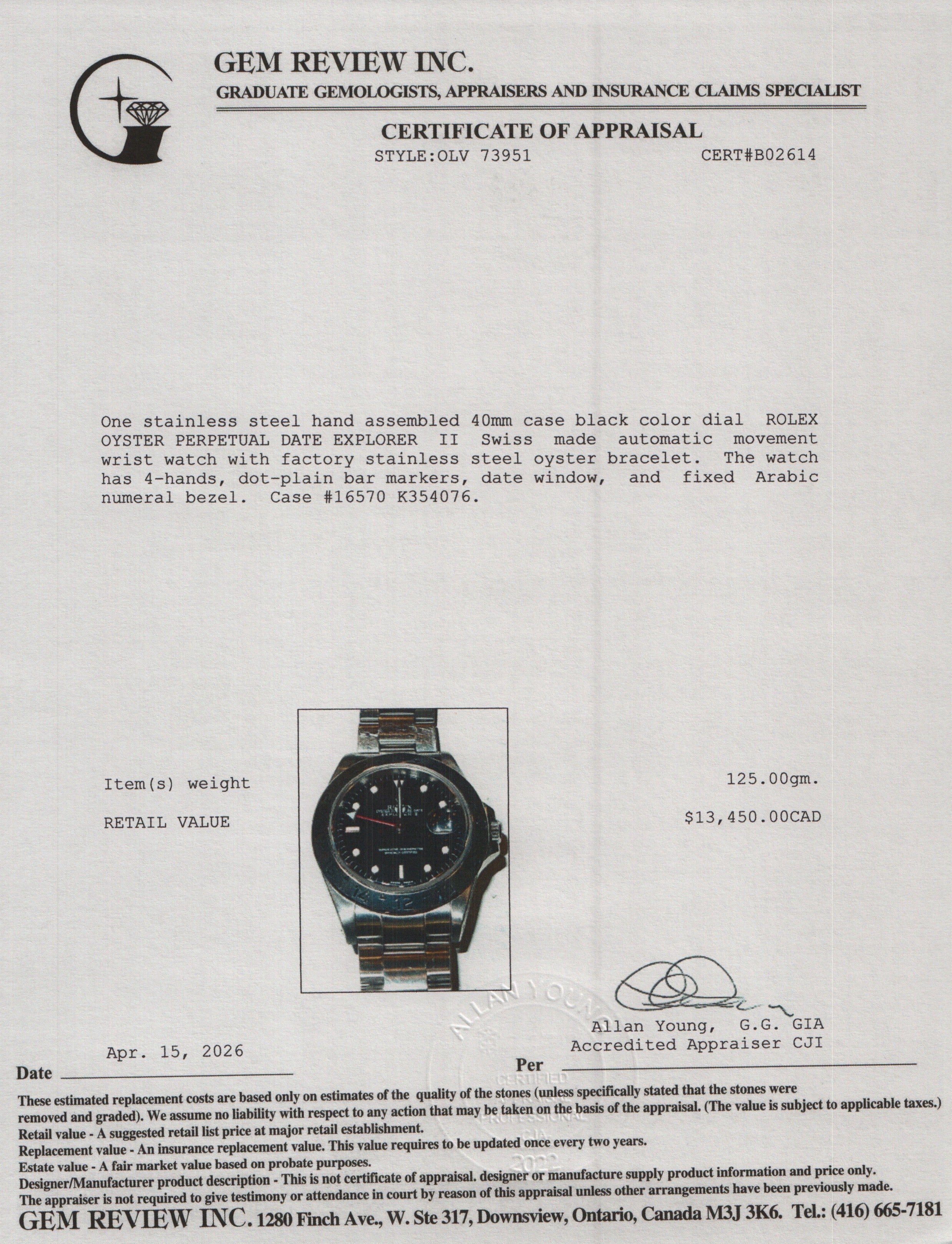 Rolex Stainless Steel Oyster Perpetual Explorer II 40 MM Watch Black Dial 16570 w/ Box & Papers