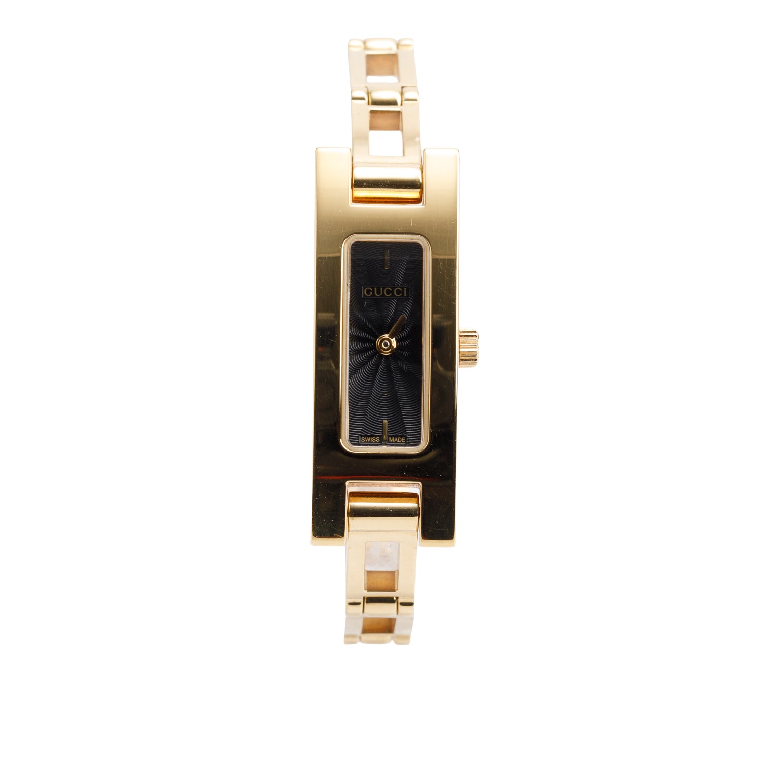 Gucci Gold Plated Stainless Steel White Leather 3900 Series Watch Black Dial