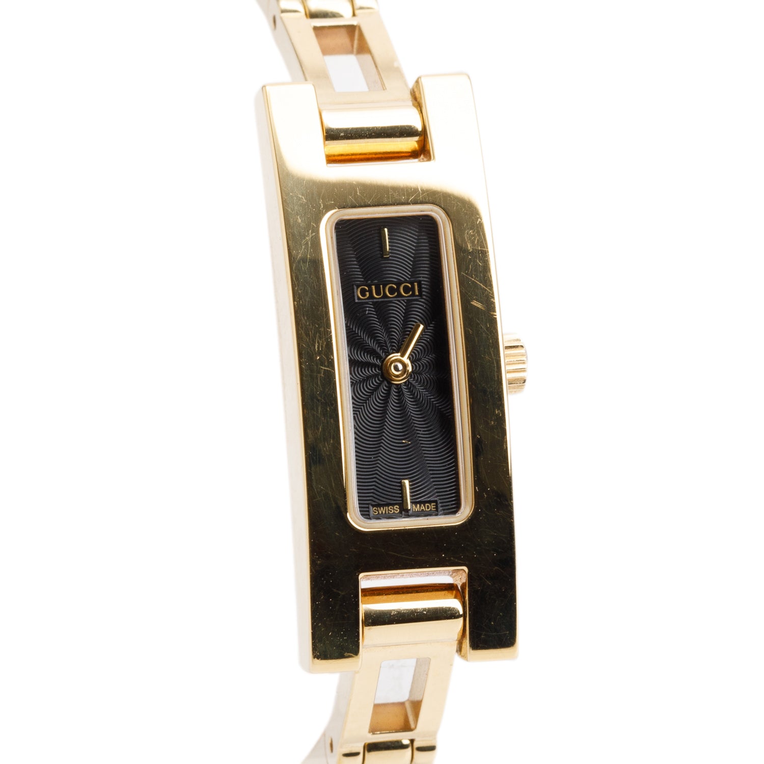 Gucci Gold Plated Stainless Steel White Leather 3900 Series Watch Black Dial