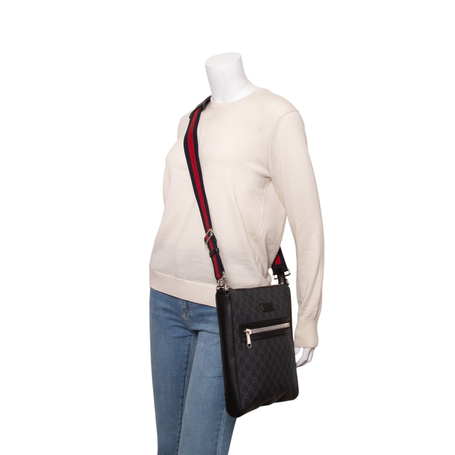 Gucci Black GG Supreme Monogram Web Flat Medium Messenger Bag