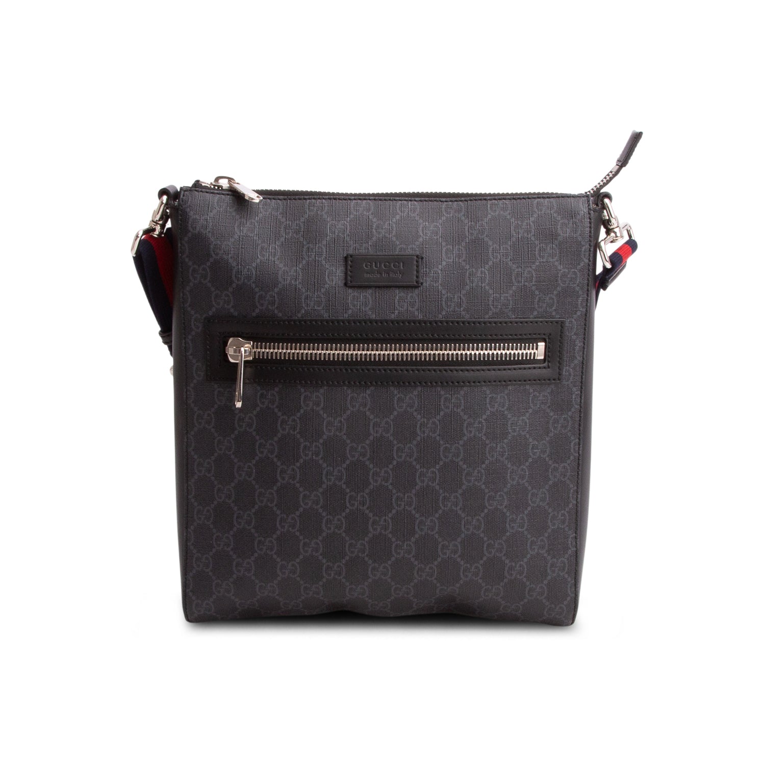 Gucci Black GG Supreme Monogram Web Flat Medium Messenger Bag