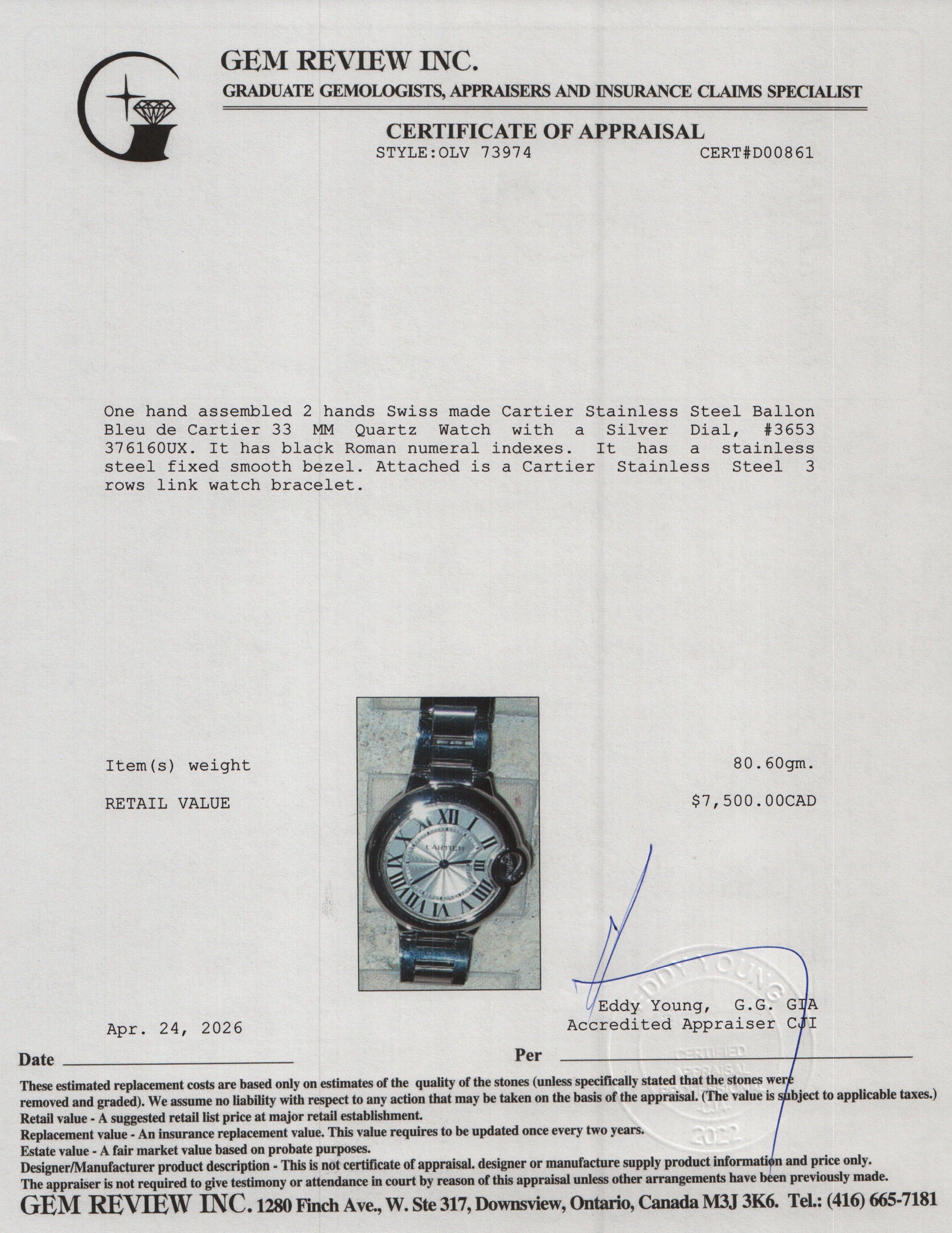 Cartier Stainless Steel Ballon Bleu de Cartier 33 MM Quartz Watch Silver Dial 3653 w/ Box & Papers