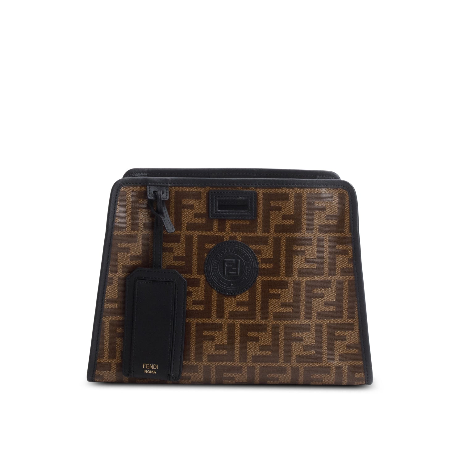 Fendi Brown Glazed Fabric Vitello Century FF 1974 Stamp Patch Mini Peekaboo Defender Cover