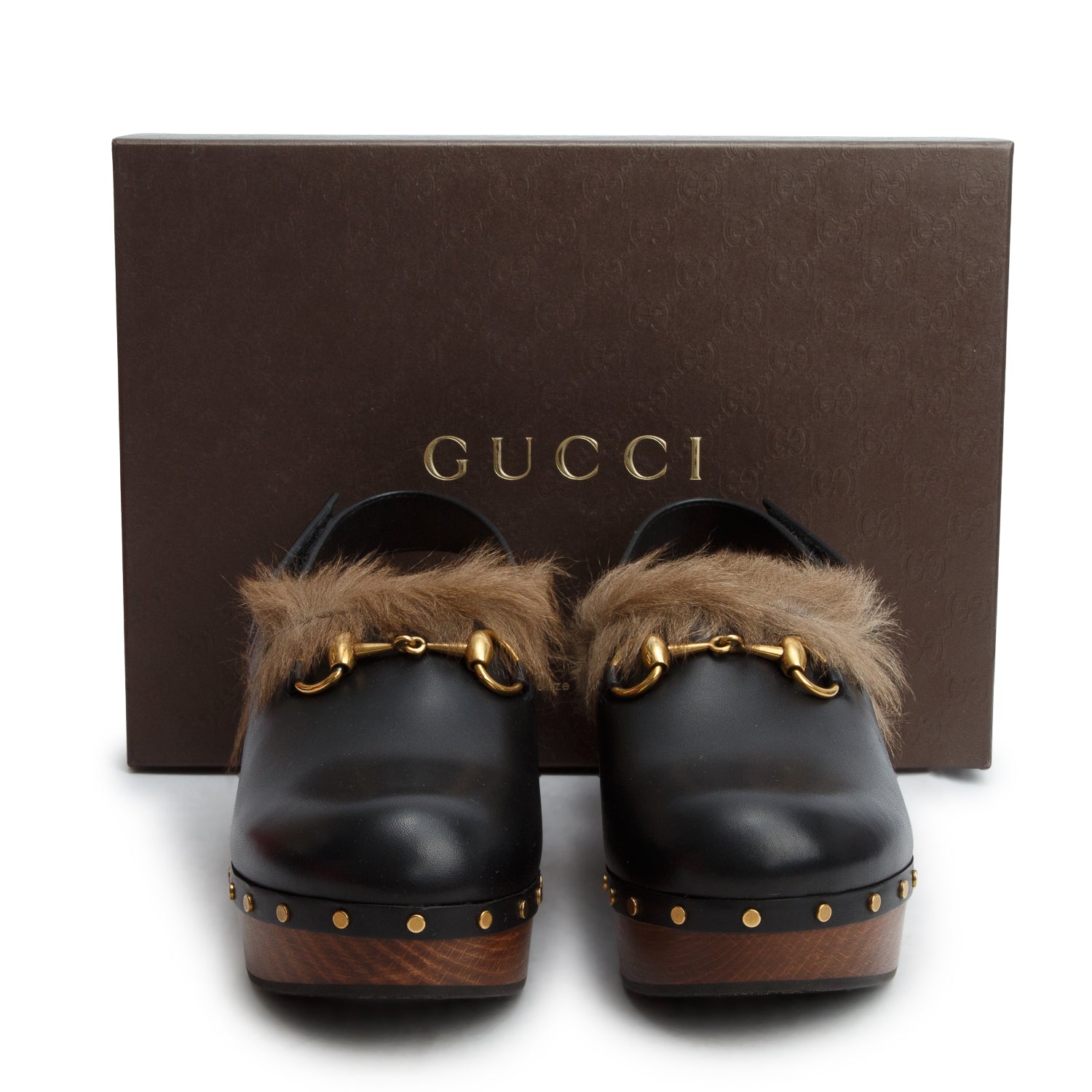 Gucci Black Calfskin Fur Horsebit Amstel Slingback Clogs, Size 39 w/ Box