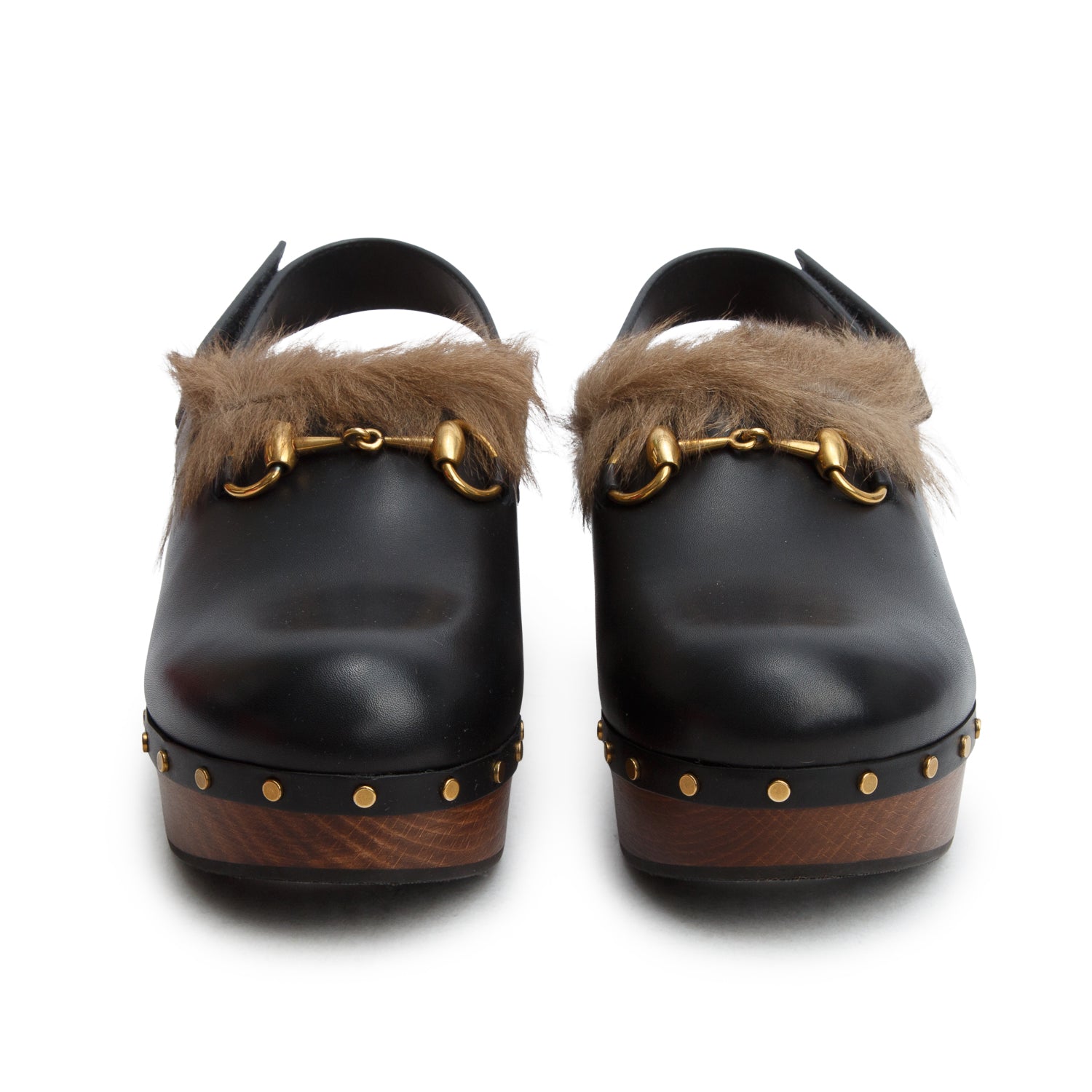 Gucci Black Calfskin Fur Horsebit Amstel Slingback Clogs, Size 39 w/ Box