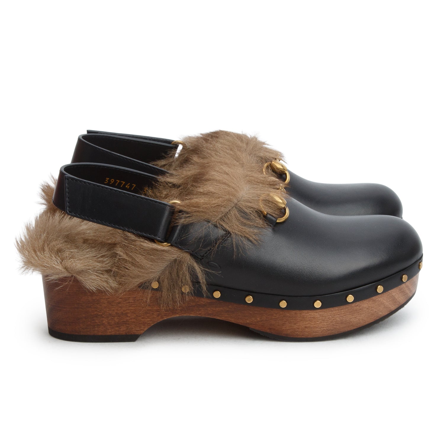 Gucci Black Calfskin Fur Horsebit Amstel Slingback Clogs, Size 39 w/ Box