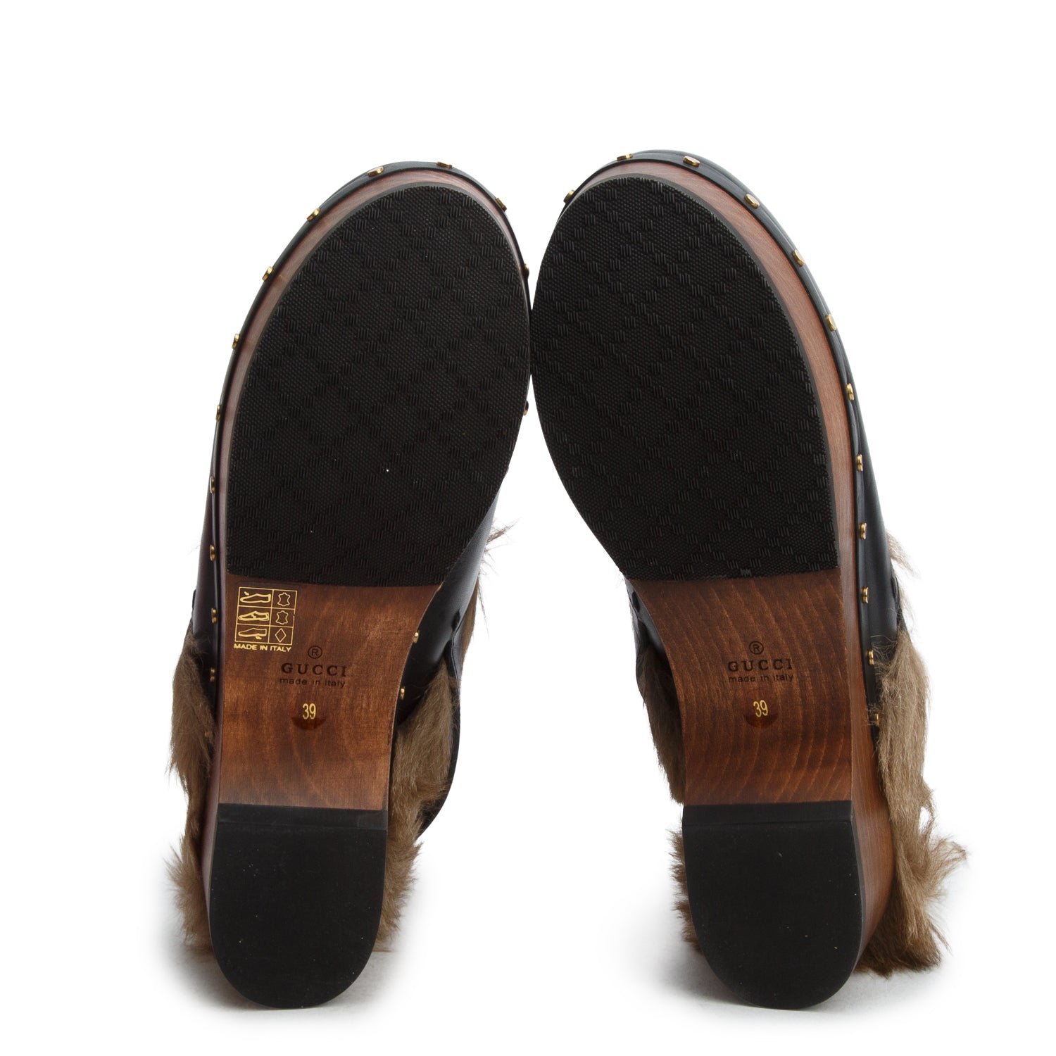 Gucci Black Calfskin Fur Horsebit Amstel Slingback Clogs, Size 39 w/ Box