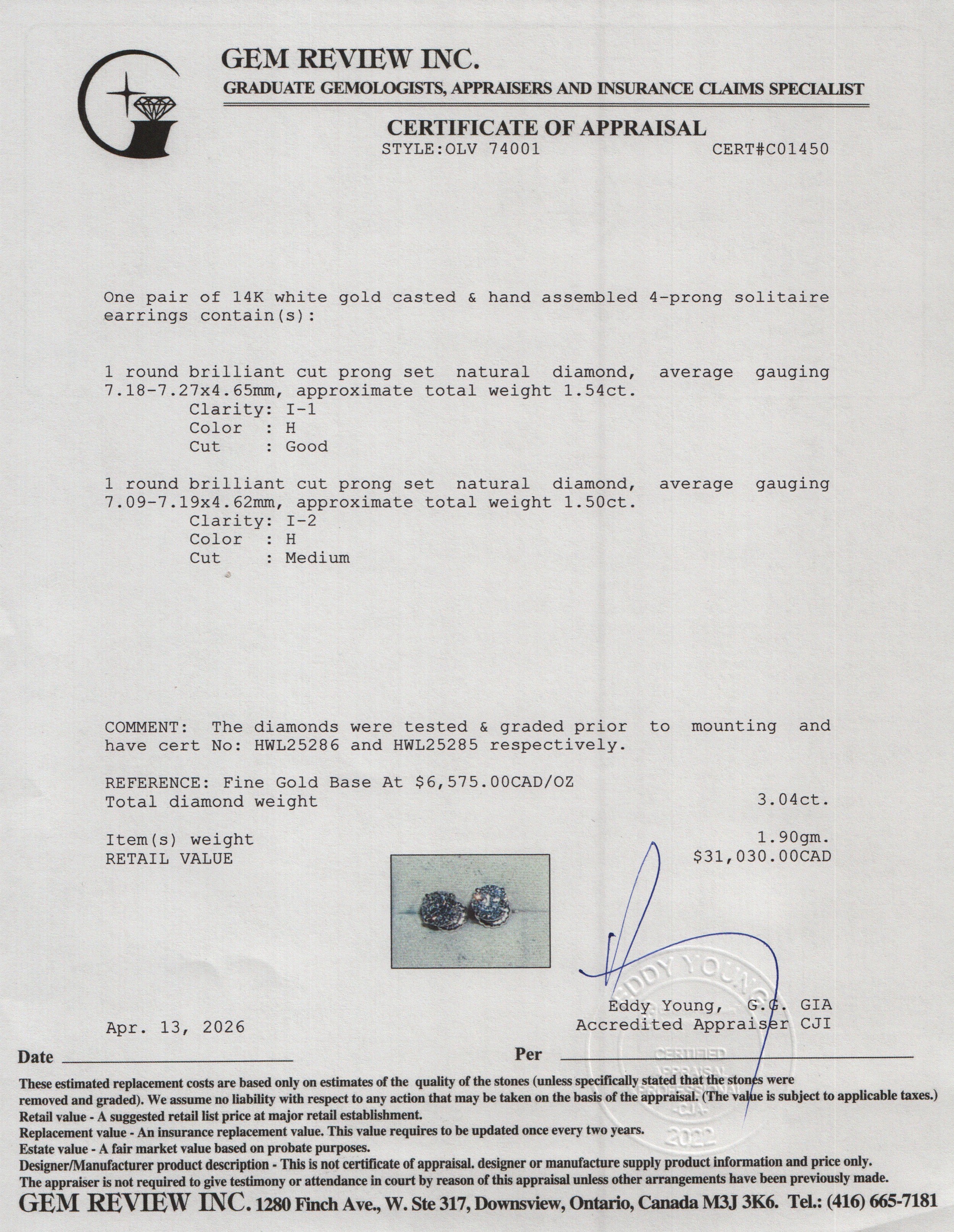 14k White Gold 3.04 tcw. Round Cut Diamond Stud Earrings