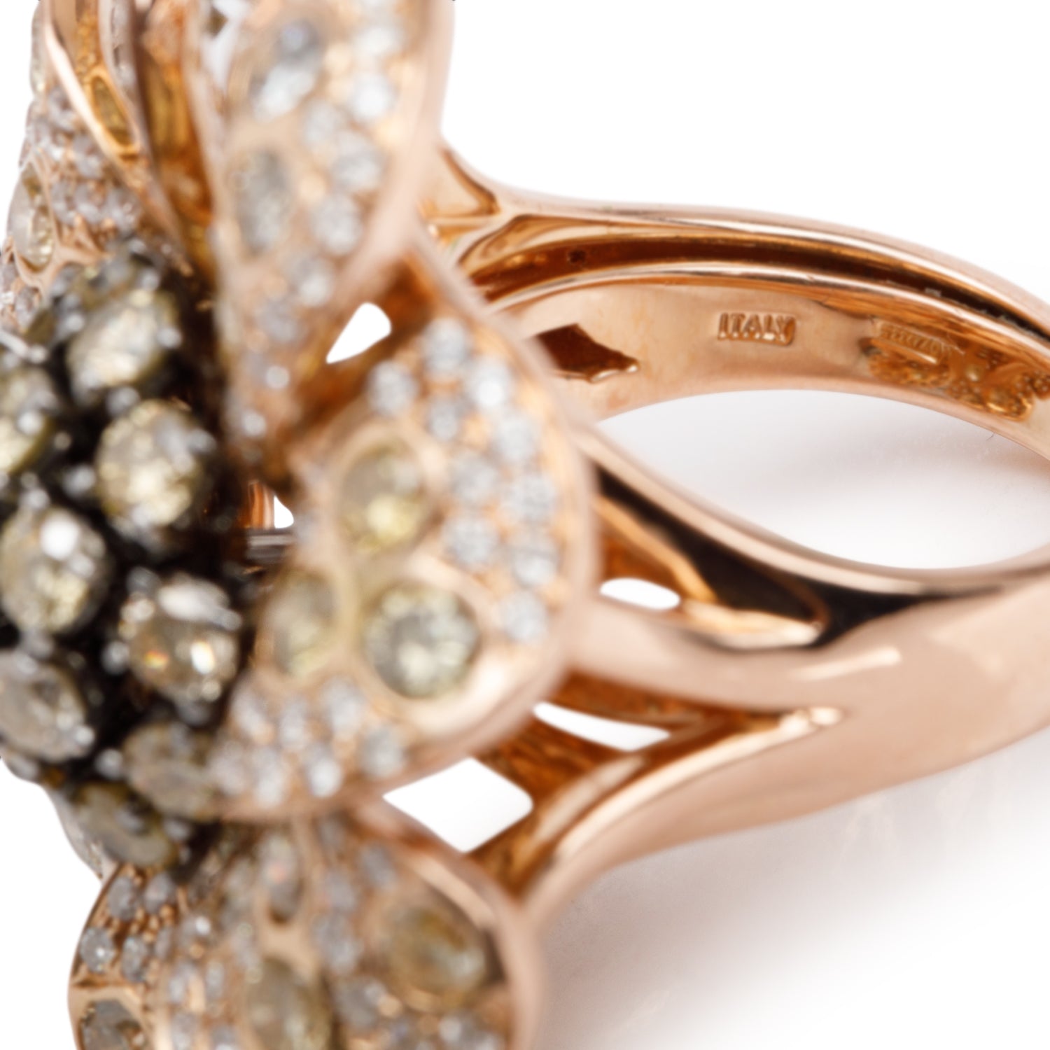 18k Rose Gold Pave Yellow & White Diamond Flower Ring, Size 6.5