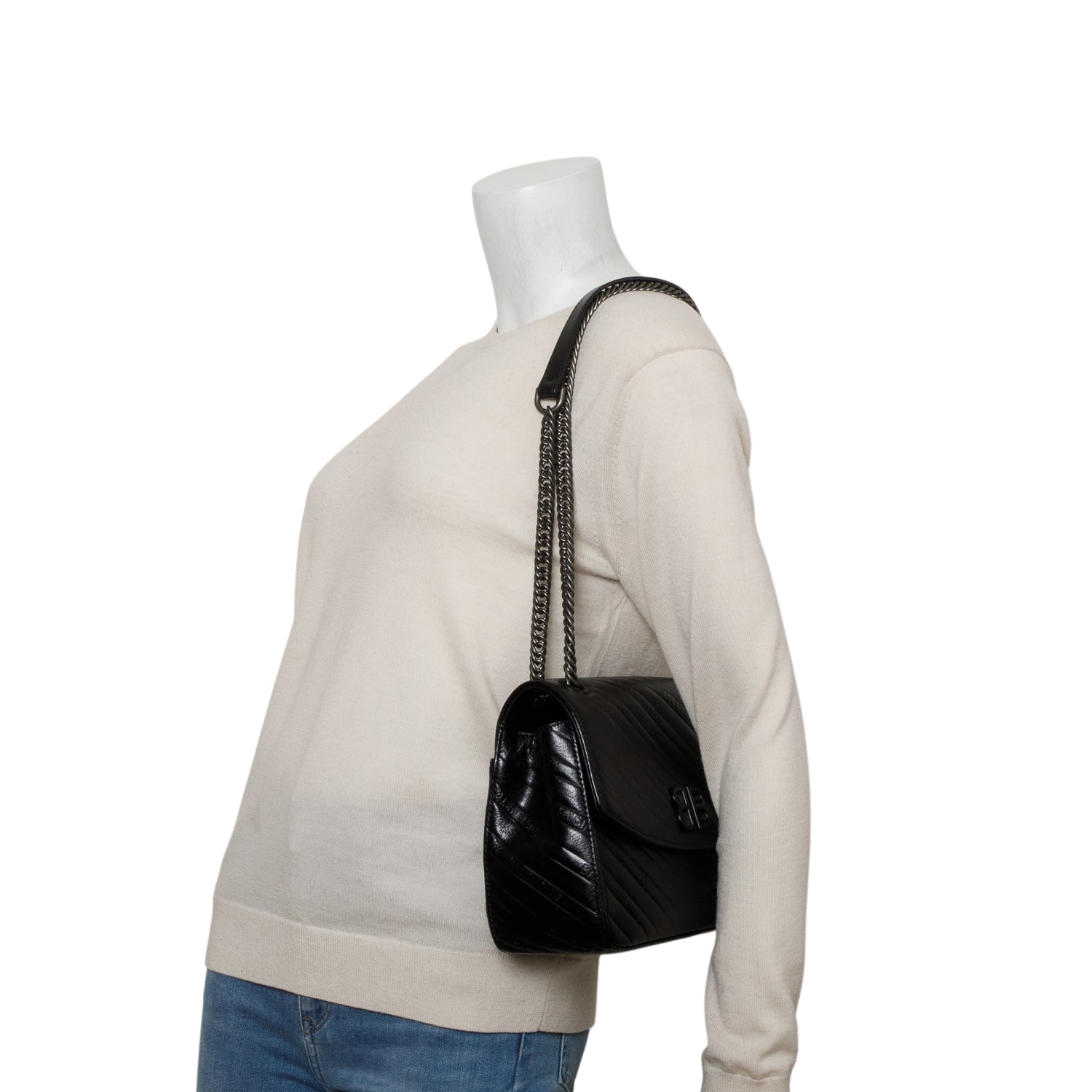 Balenciaga Black Calfskin Leather Logo Matelasse BB Chain Shoulder Bag