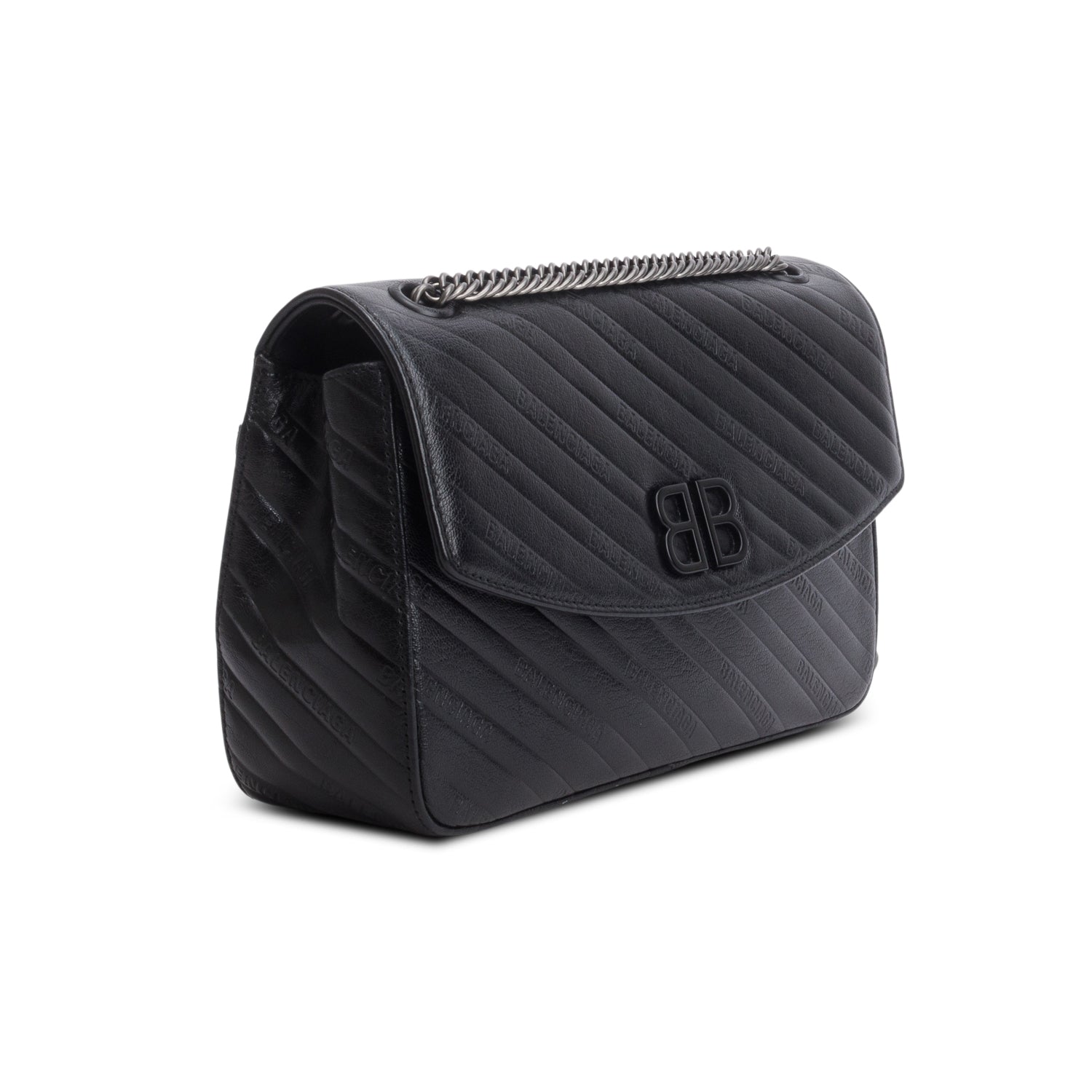Balenciaga Black Calfskin Leather Logo Matelasse BB Chain Shoulder Bag