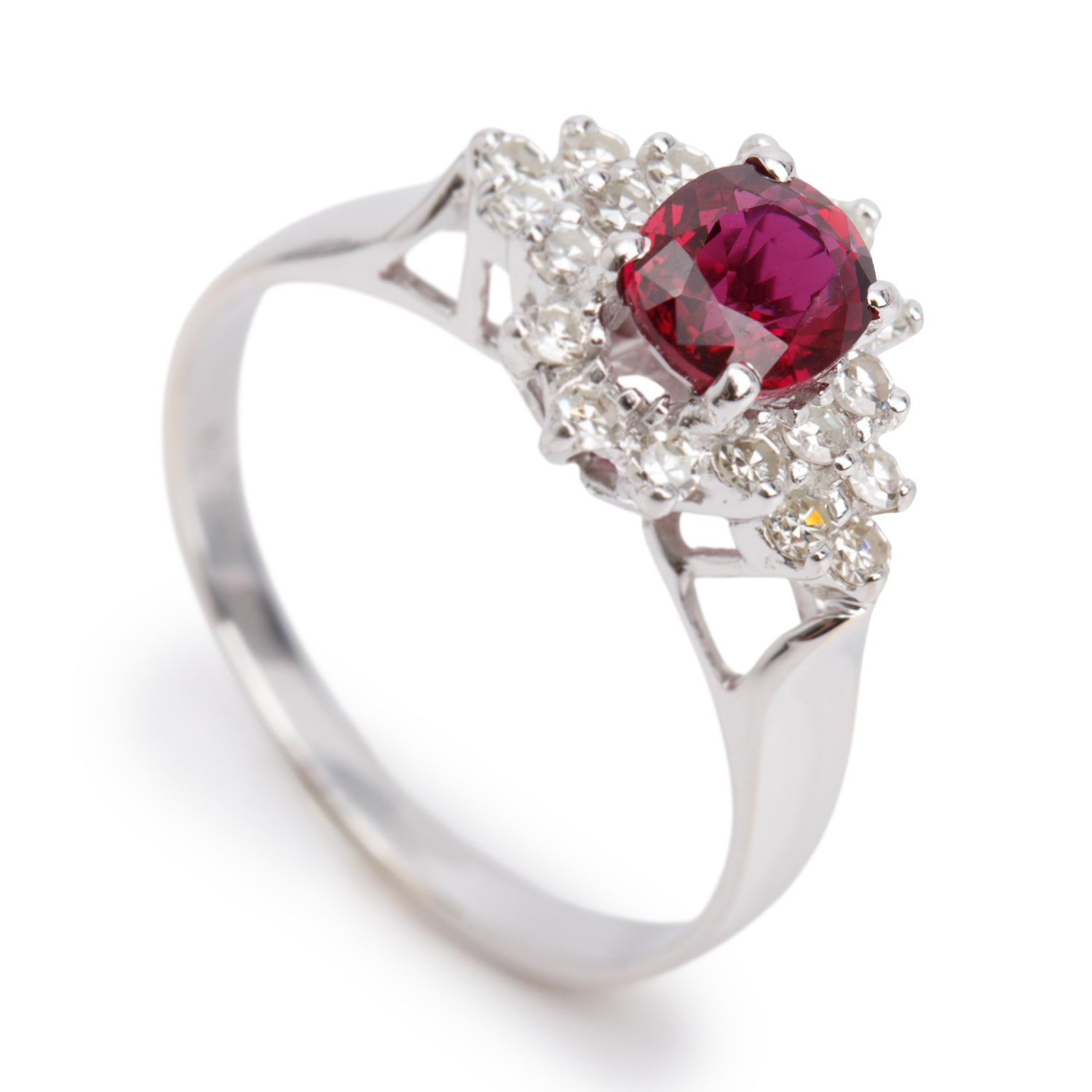 14k White Gold Ruby and Diamond Cocktail Ring, Size 6.75