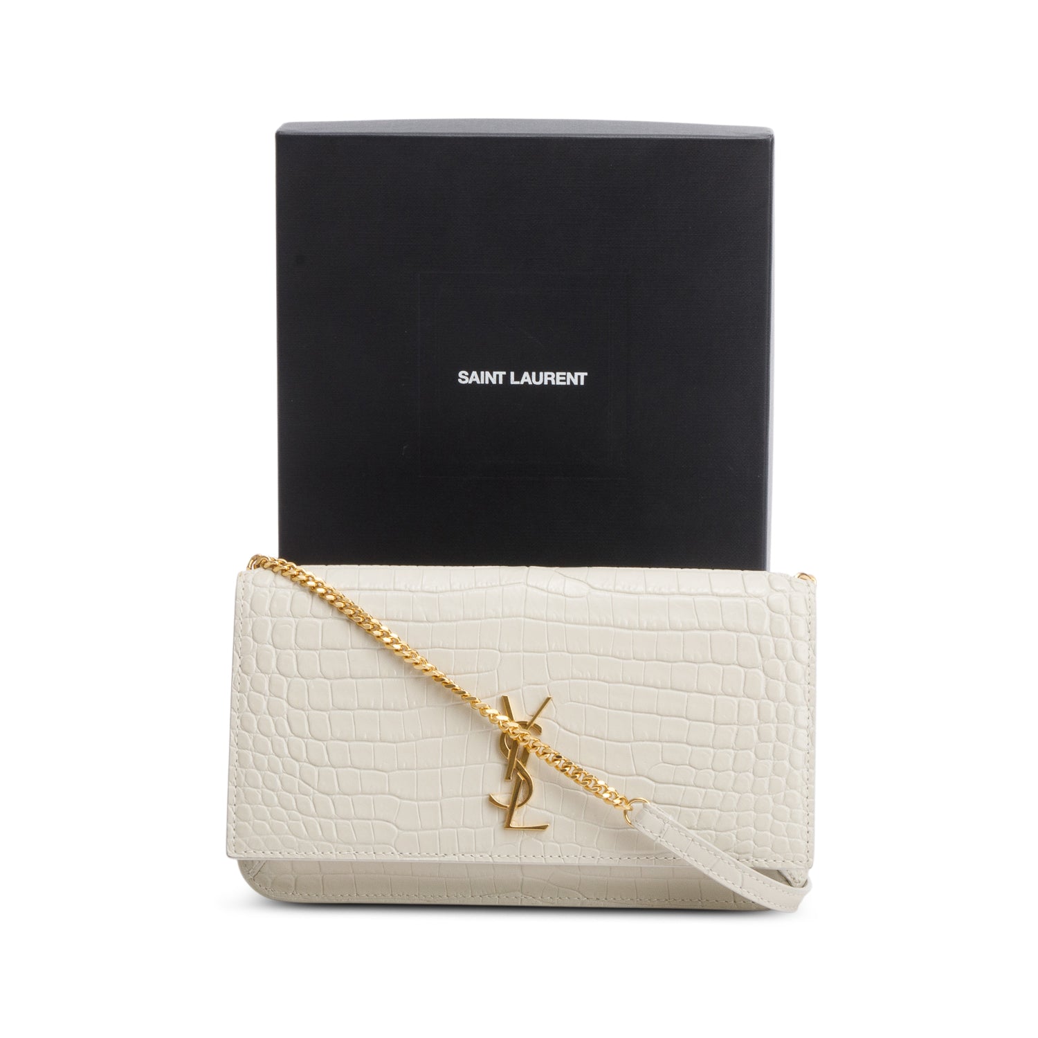 Saint Laurent 2023 White Croc Embossed Leather Cassandre Phone Holder Bag w/ Box