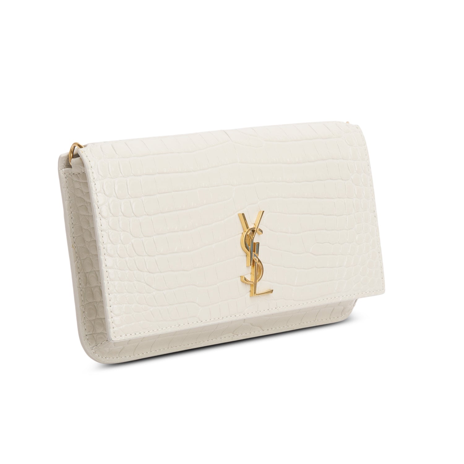 Saint Laurent 2023 White Croc Embossed Leather Cassandre Phone Holder Bag w/ Box