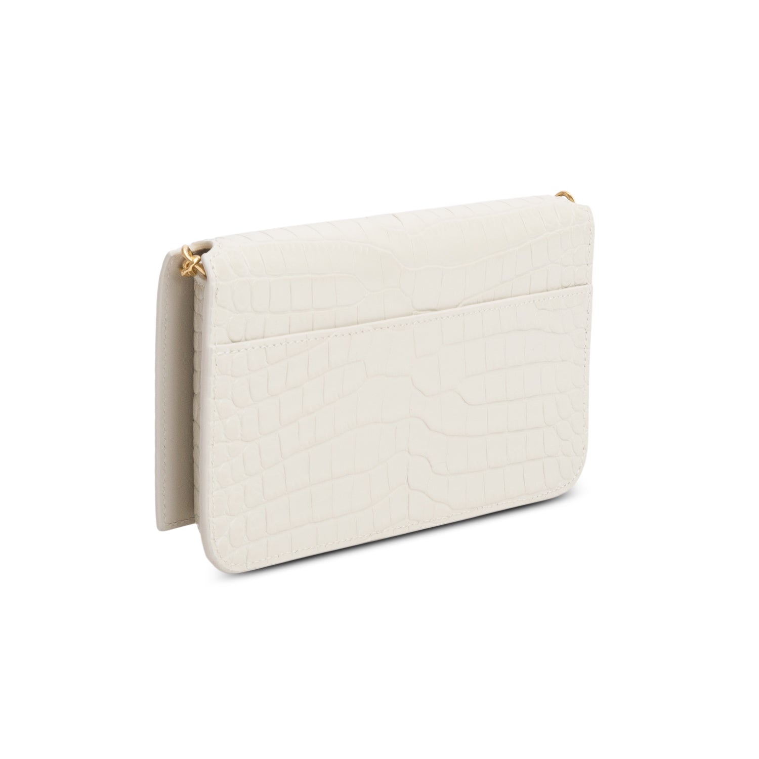 Saint Laurent 2023 White Croc Embossed Leather Cassandre Phone Holder Bag w/ Box