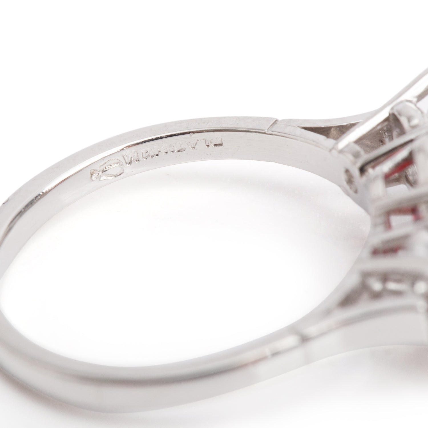 Birks Platinum Ruby & Diamond Three Stone Ring, Size 6 w/ Box