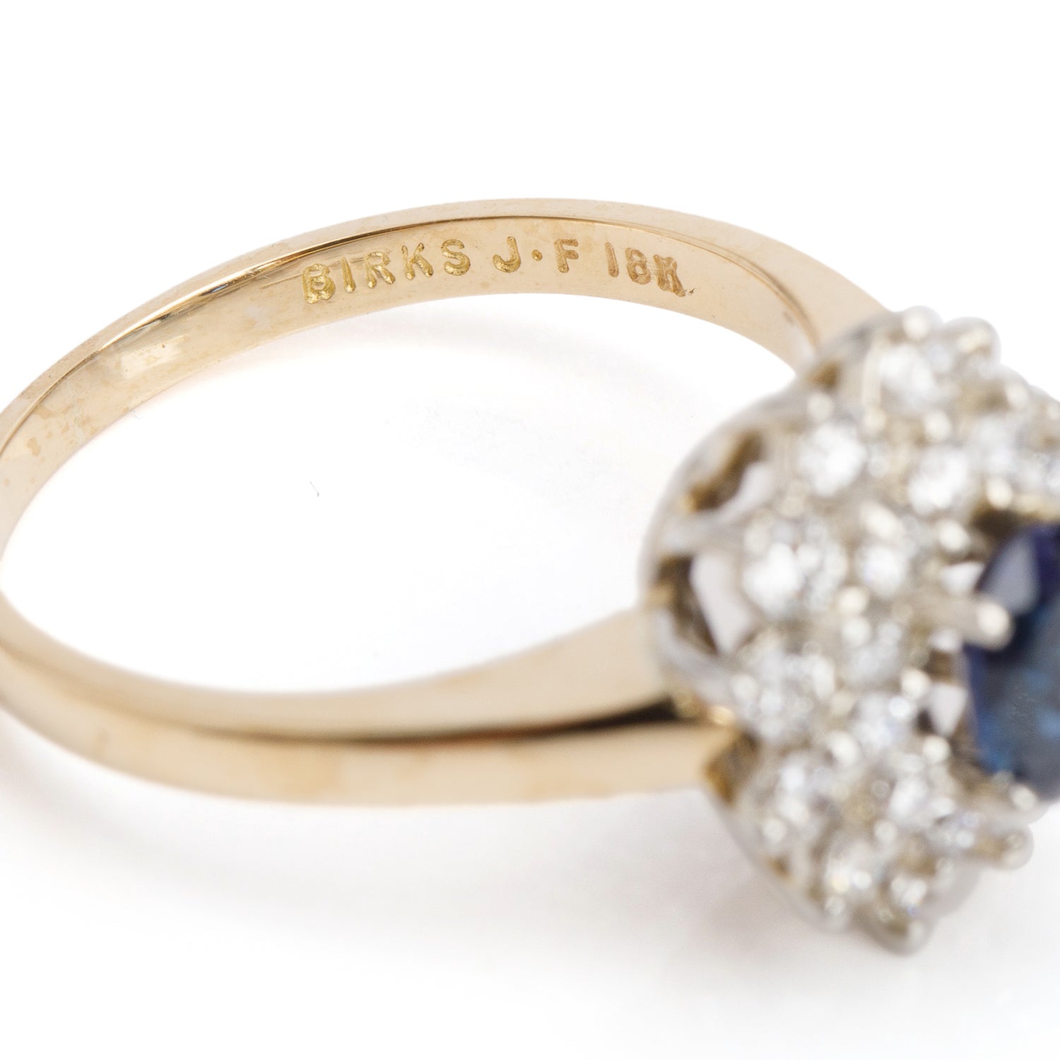 Birks 18k Yellow and White Gold Blue Sapphire & Diamond Ring, Size 5.75