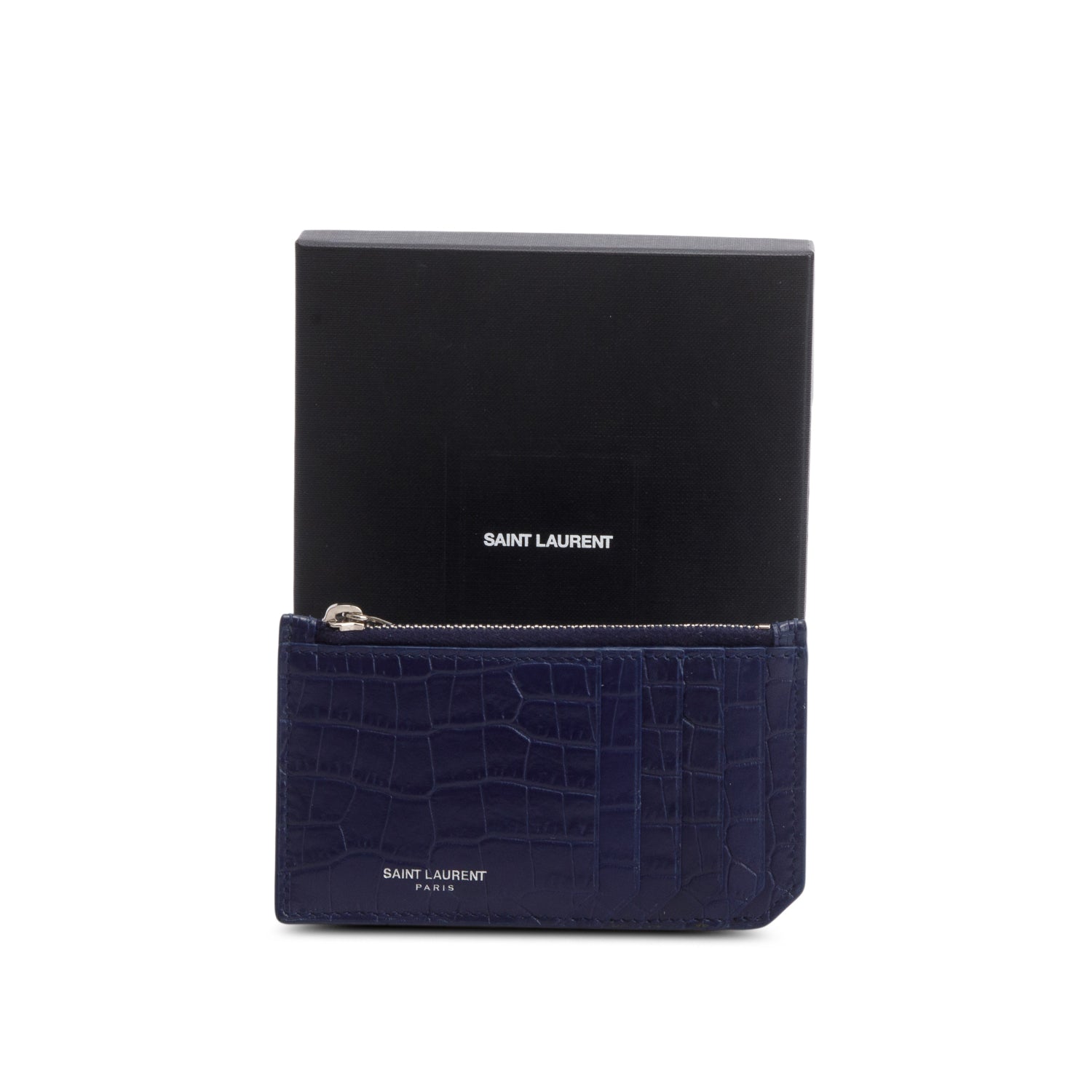 Saint Laurent Blue Croc Embossed Tiny Fragments Zip Card Case w/ Box