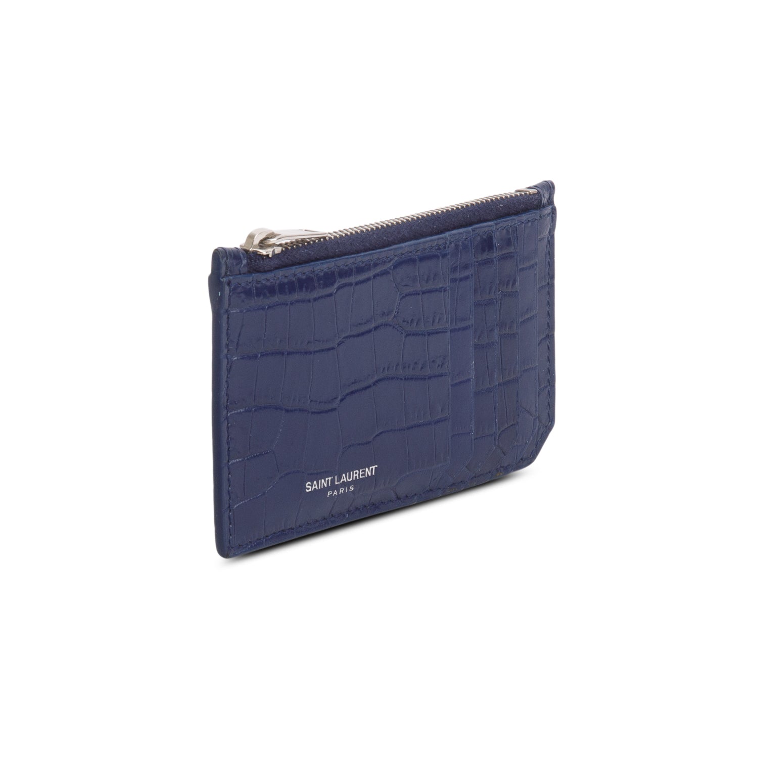 Saint Laurent Blue Croc Embossed Tiny Fragments Zip Card Case w/ Box