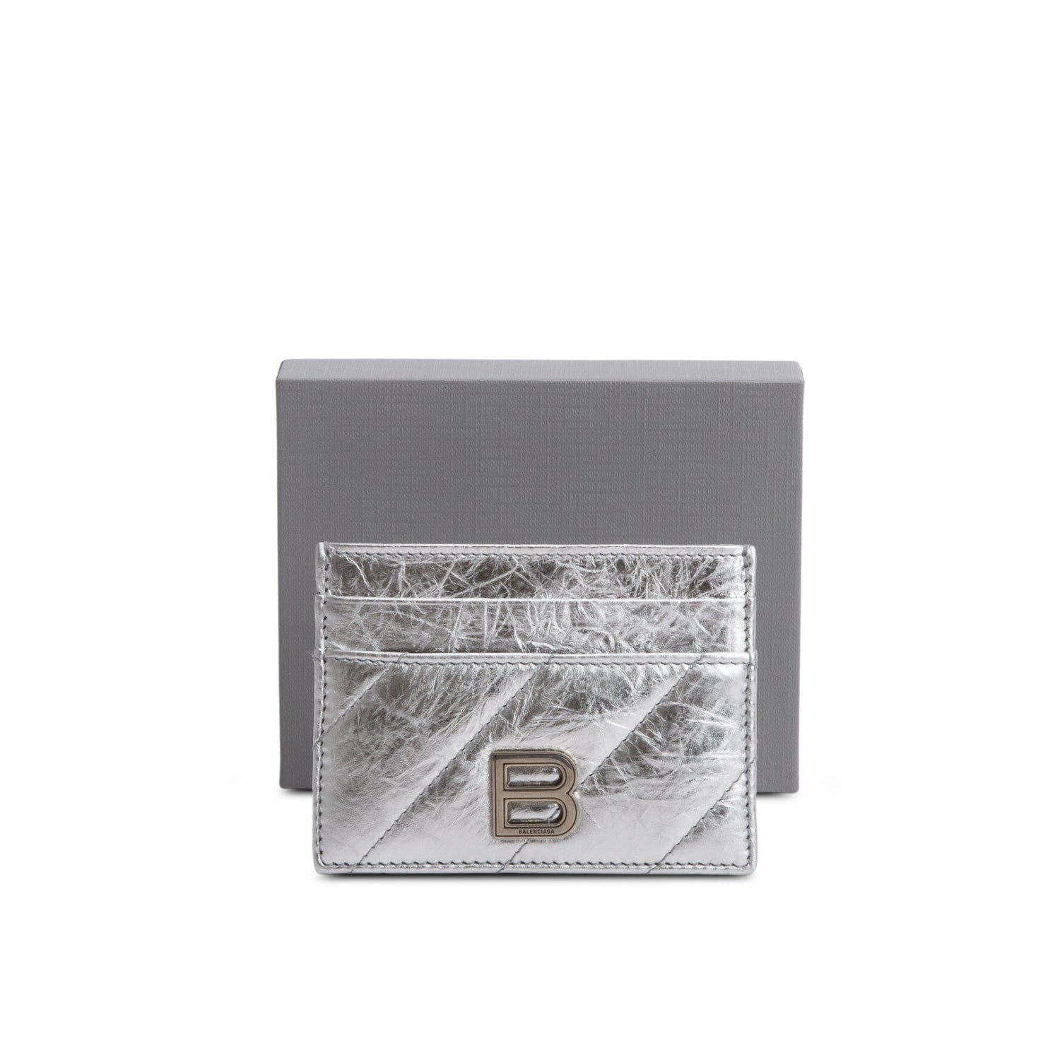 Balenciaga Silver Calfskin Quilted Crush Card Holder w/ Box