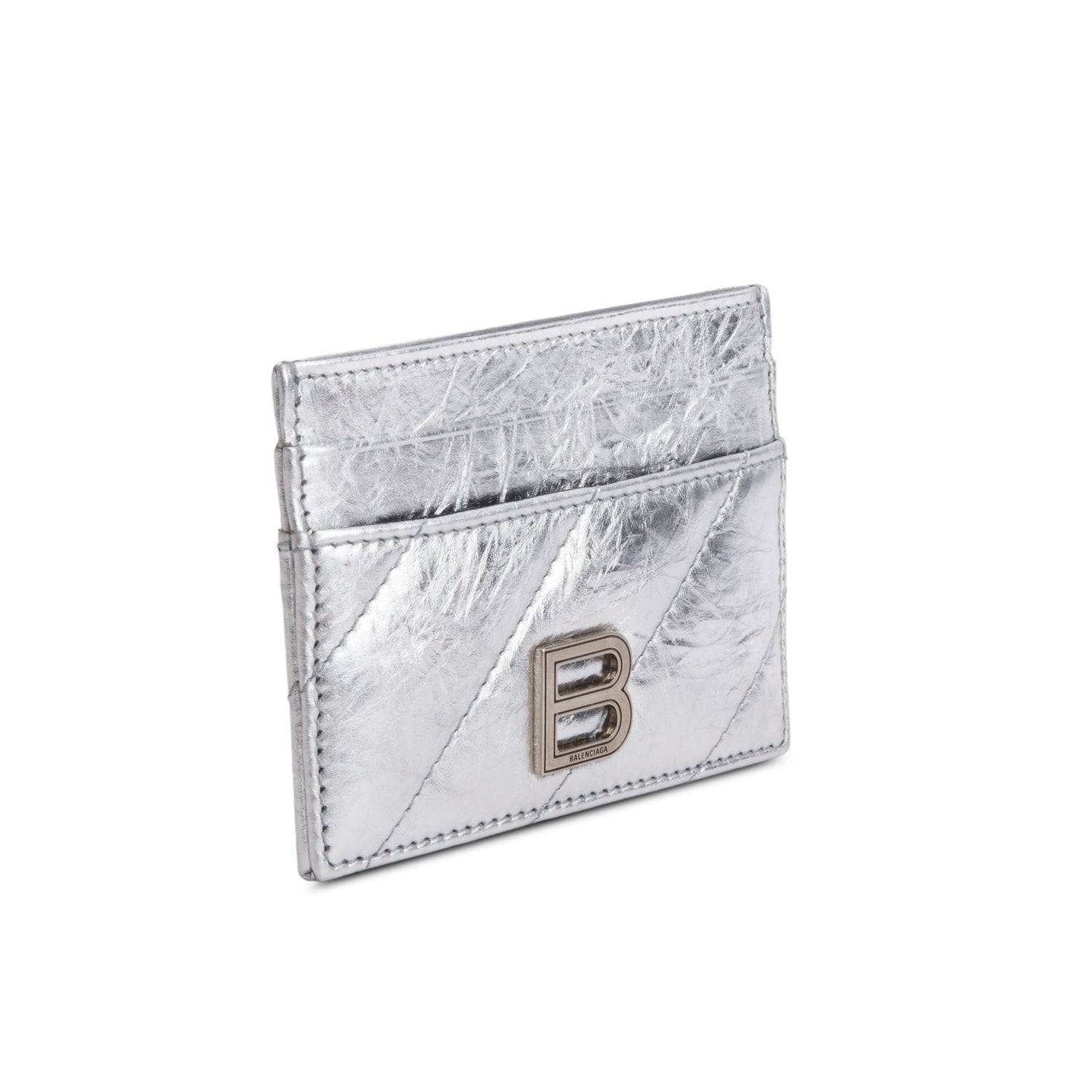 Balenciaga Silver Calfskin Quilted Crush Card Holder w/ Box