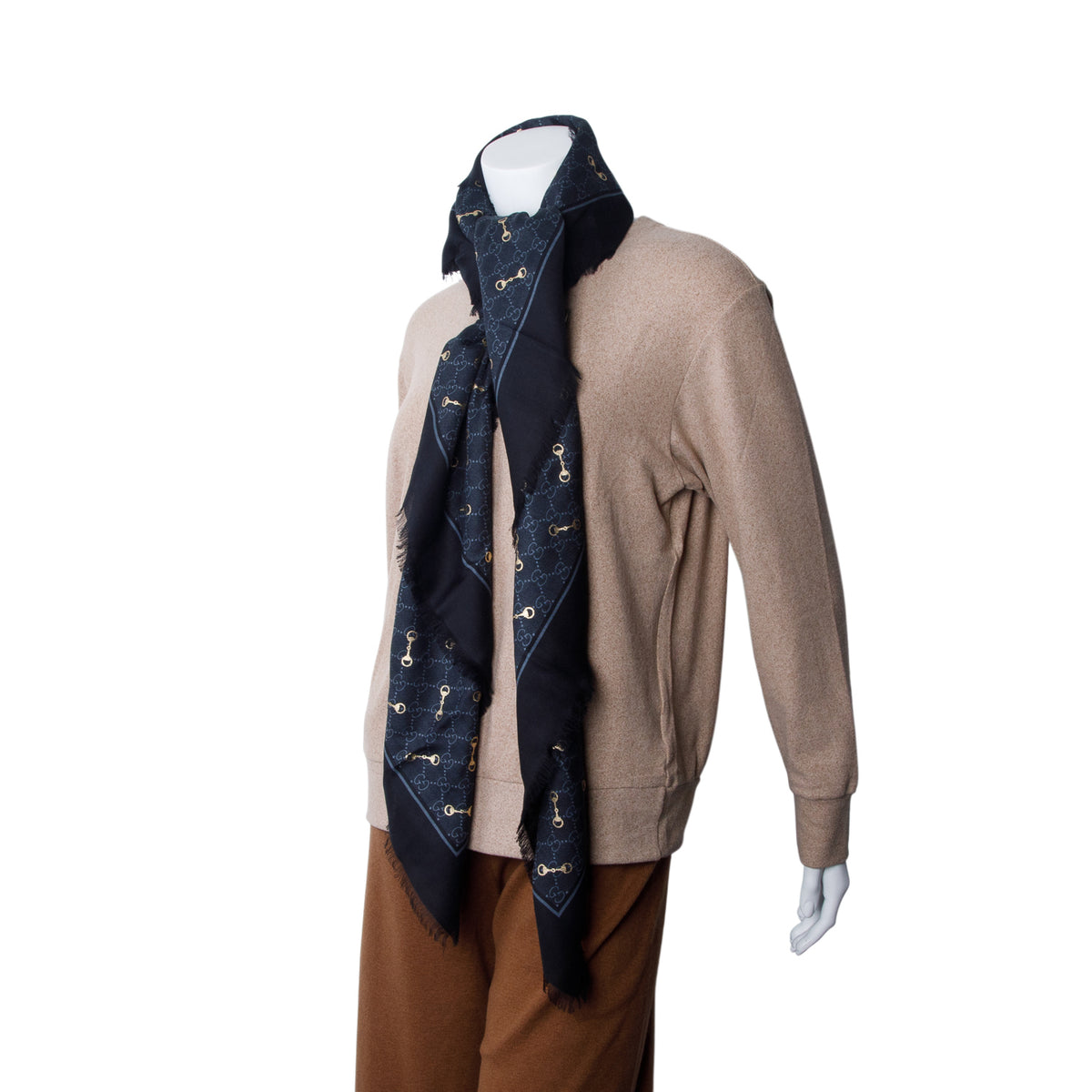 Gucci Black Monogram Big Gold Horsebit Print Shawl w/ Box