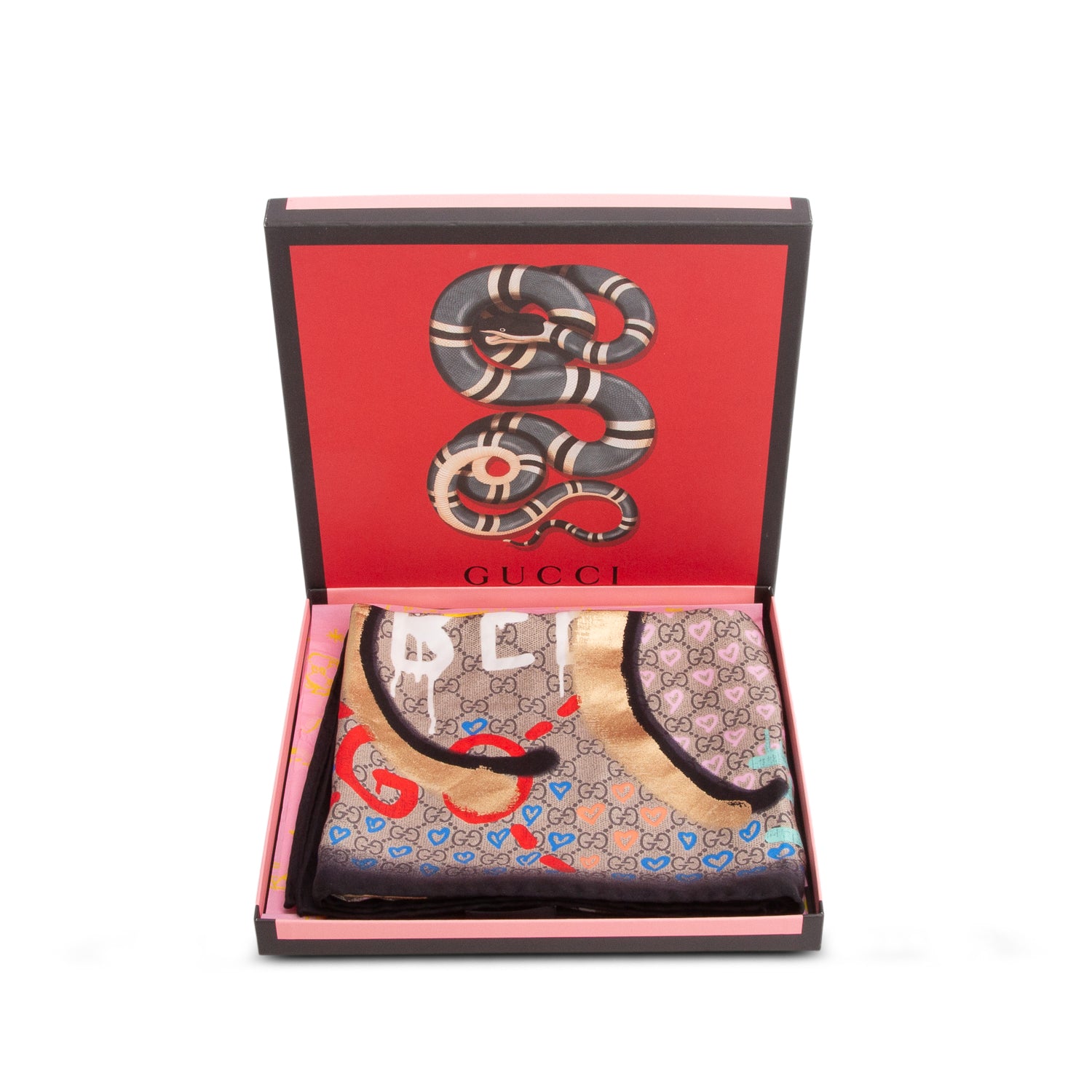 Gucci Multicolor Silk Twill GG Monogram 'Life is Gucci' Square Scarf w/ Box