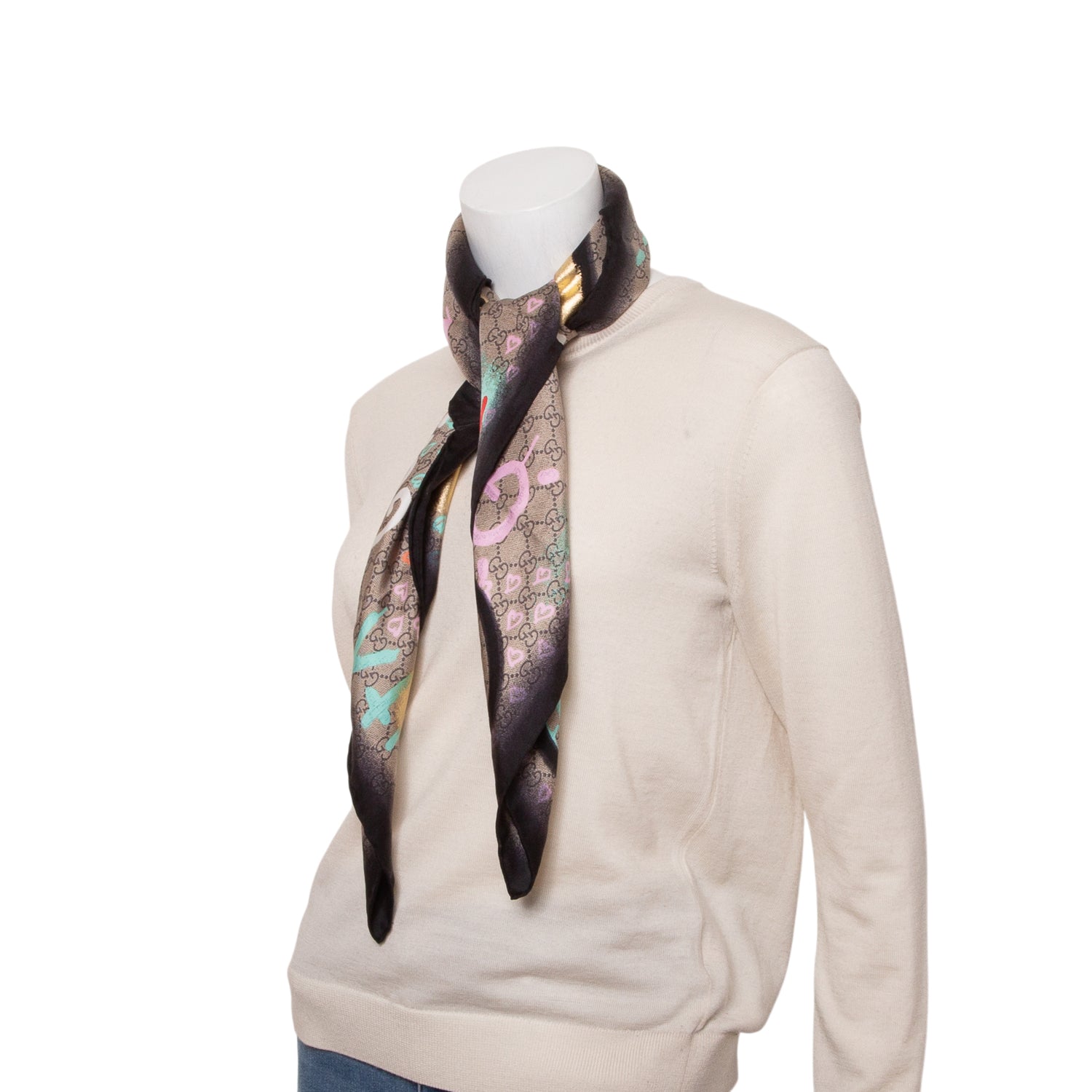 Gucci Multicolor Silk Twill GG Monogram 'Life is Gucci' Square Scarf w/ Box