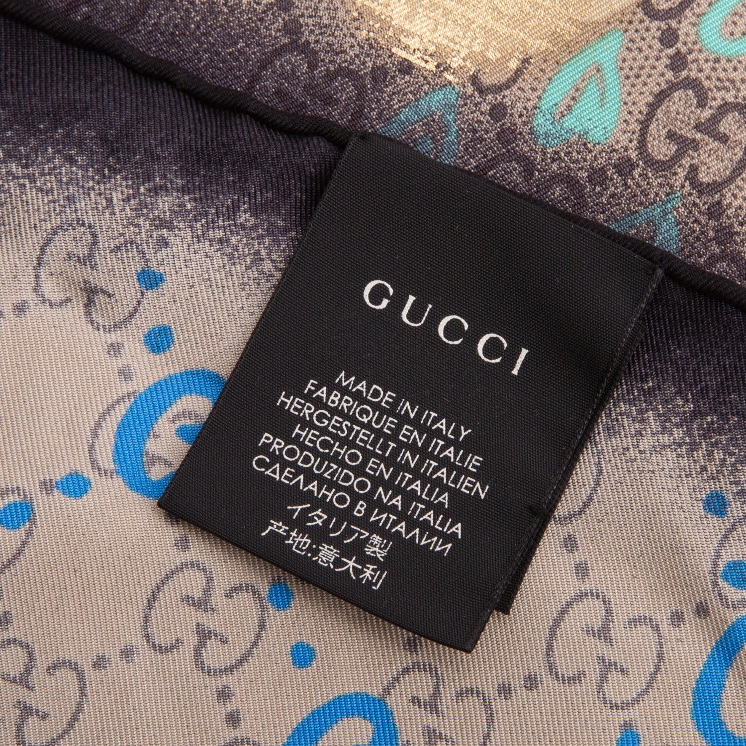 Gucci Multicolor Silk Twill GG Monogram 'Life is Gucci' Square Scarf w/ Box