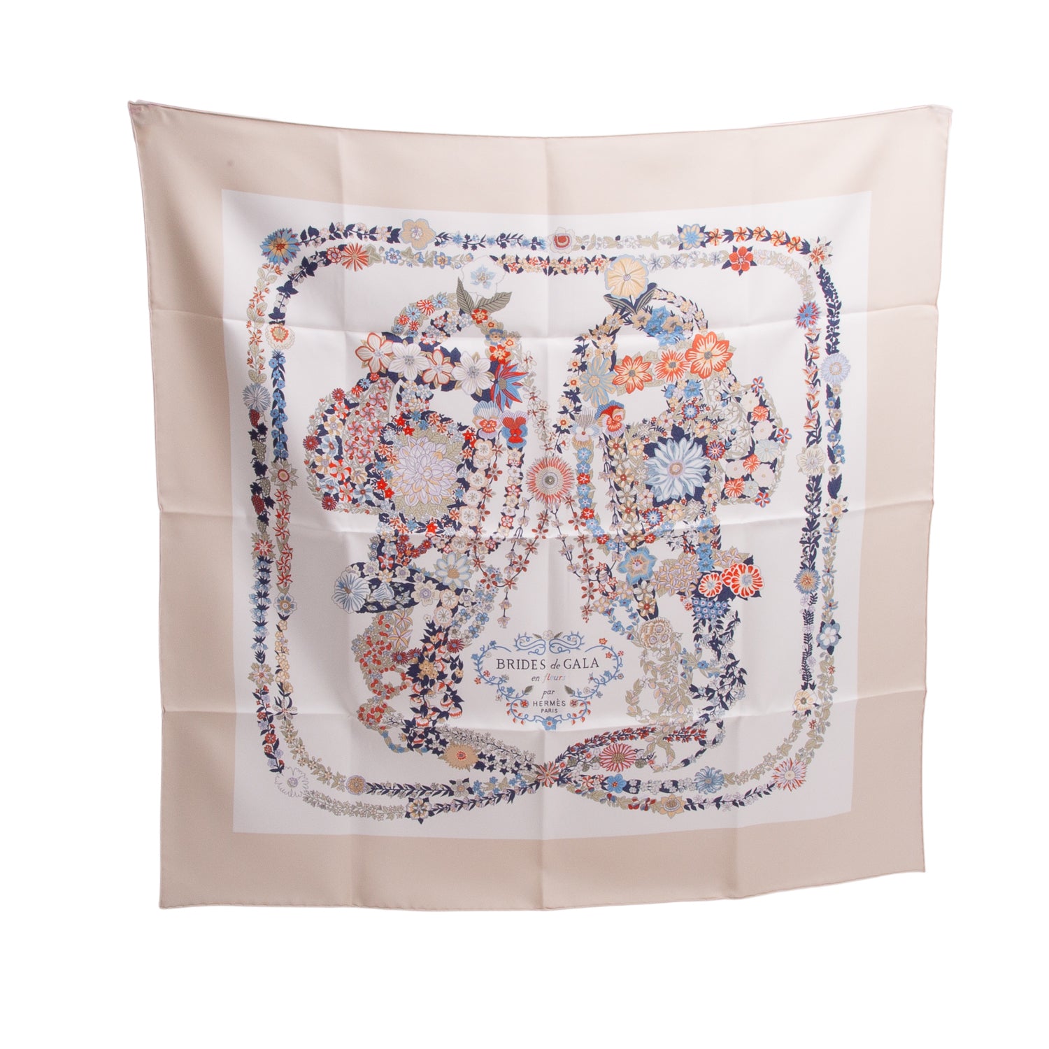 Hermes Beige & Multicolor 'Bride de Galas en Fleurs' Silk Scarf 90 w/ Box
