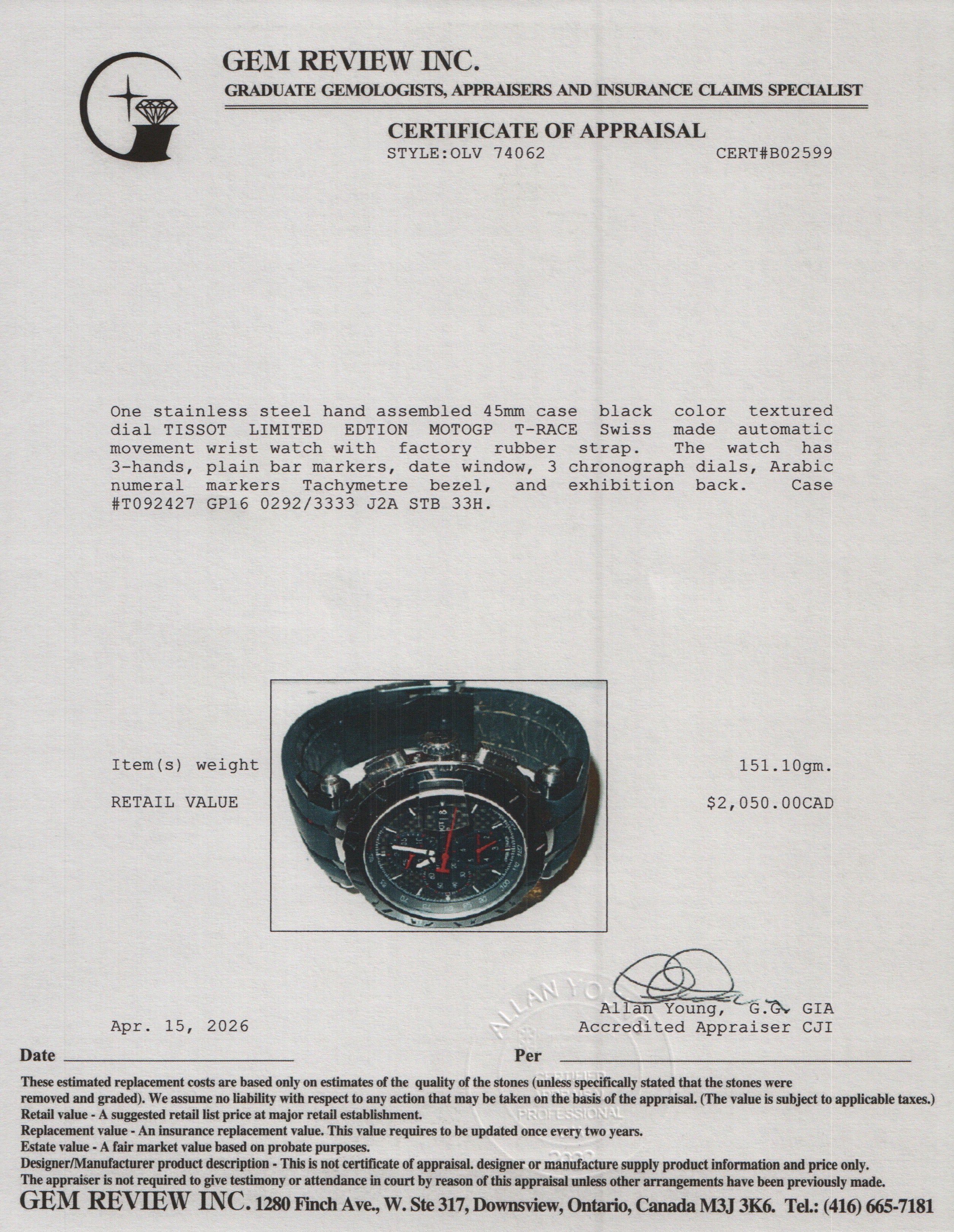Tissot Stainless Steel Limited Edition MotoGP T-Race 45 MM Chronograph Automatic Watch Black Dial w/ Box & Papers
