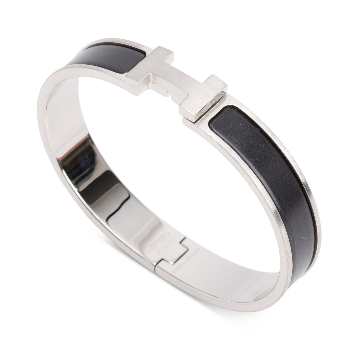 Hermes Palladium Plated Noir Mat Enamel 12 MM Clic HH Bracelet w/ Box