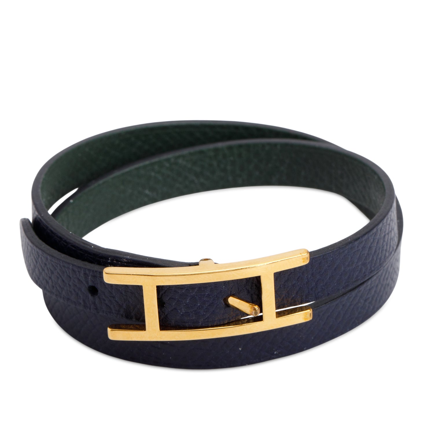 Hermes Gold Plated Navy/Green Leather Behapi Double Tour Bracelet, Size S