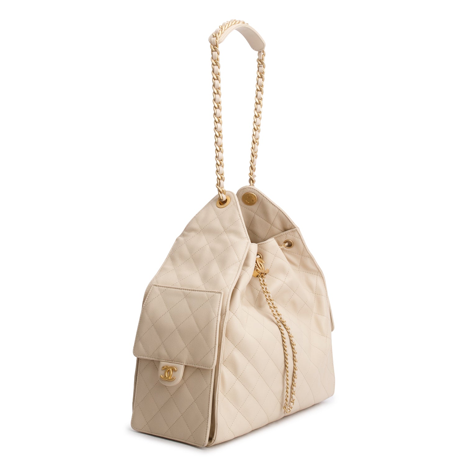 Chanel Beige Caviar Quilted Medium 25 Handbag w/ Pouch