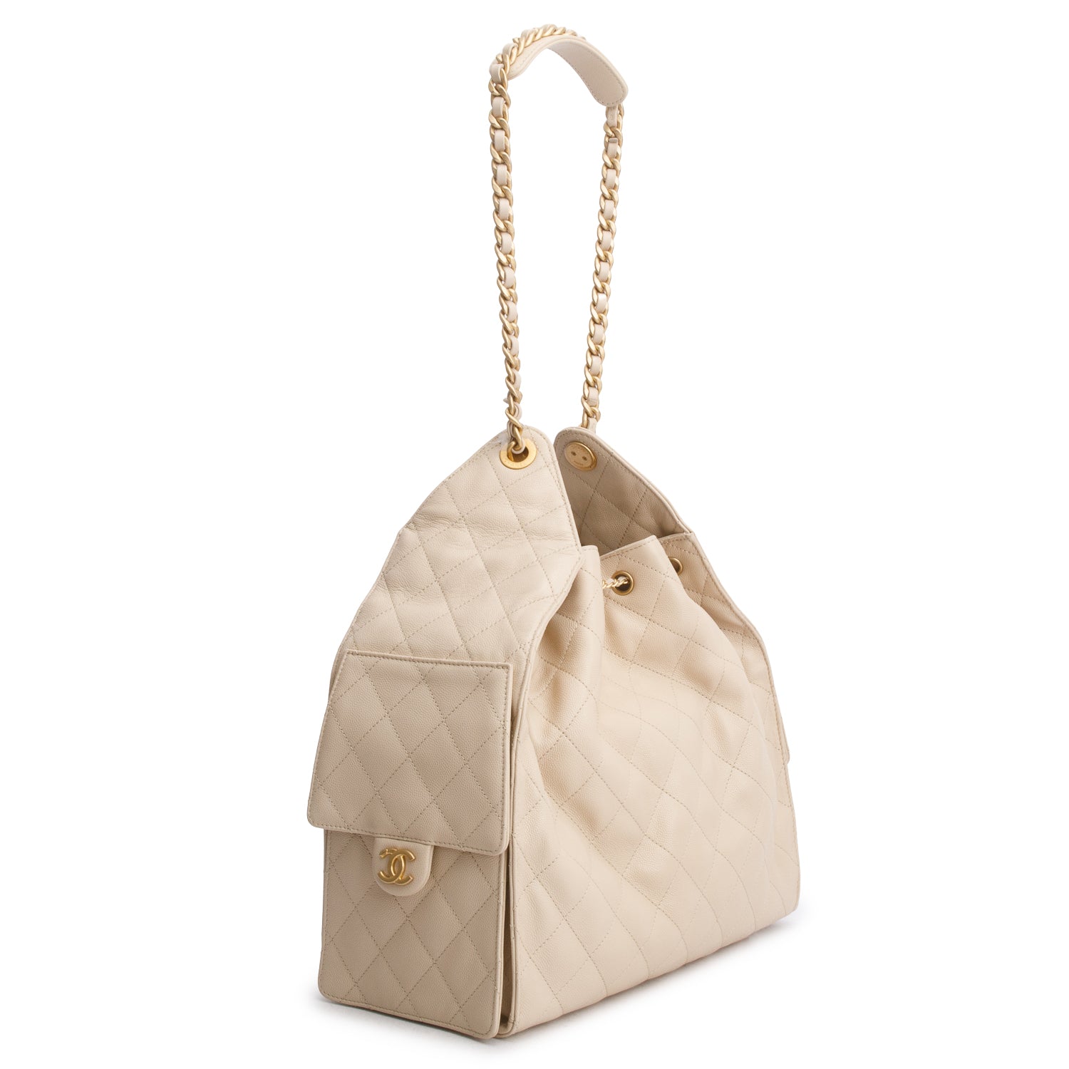 Chanel Beige Caviar Quilted Medium 25 Handbag w/ Pouch