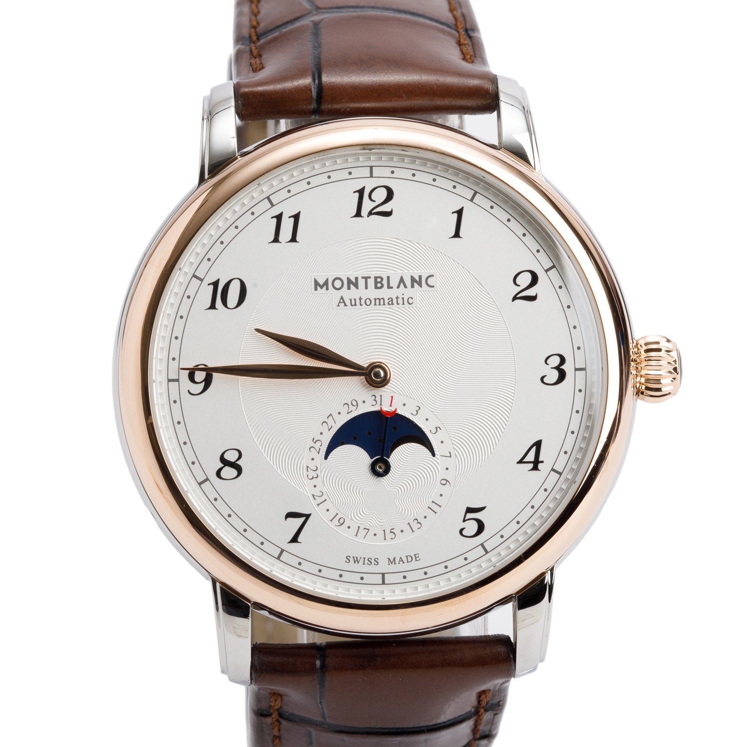 Montblanc 2025 Stainless Steel & 18k Rose Gold Star Legacy 42 MM Automatic Moonphase Watch Silver Guilloche Dial 117580 w/ Box