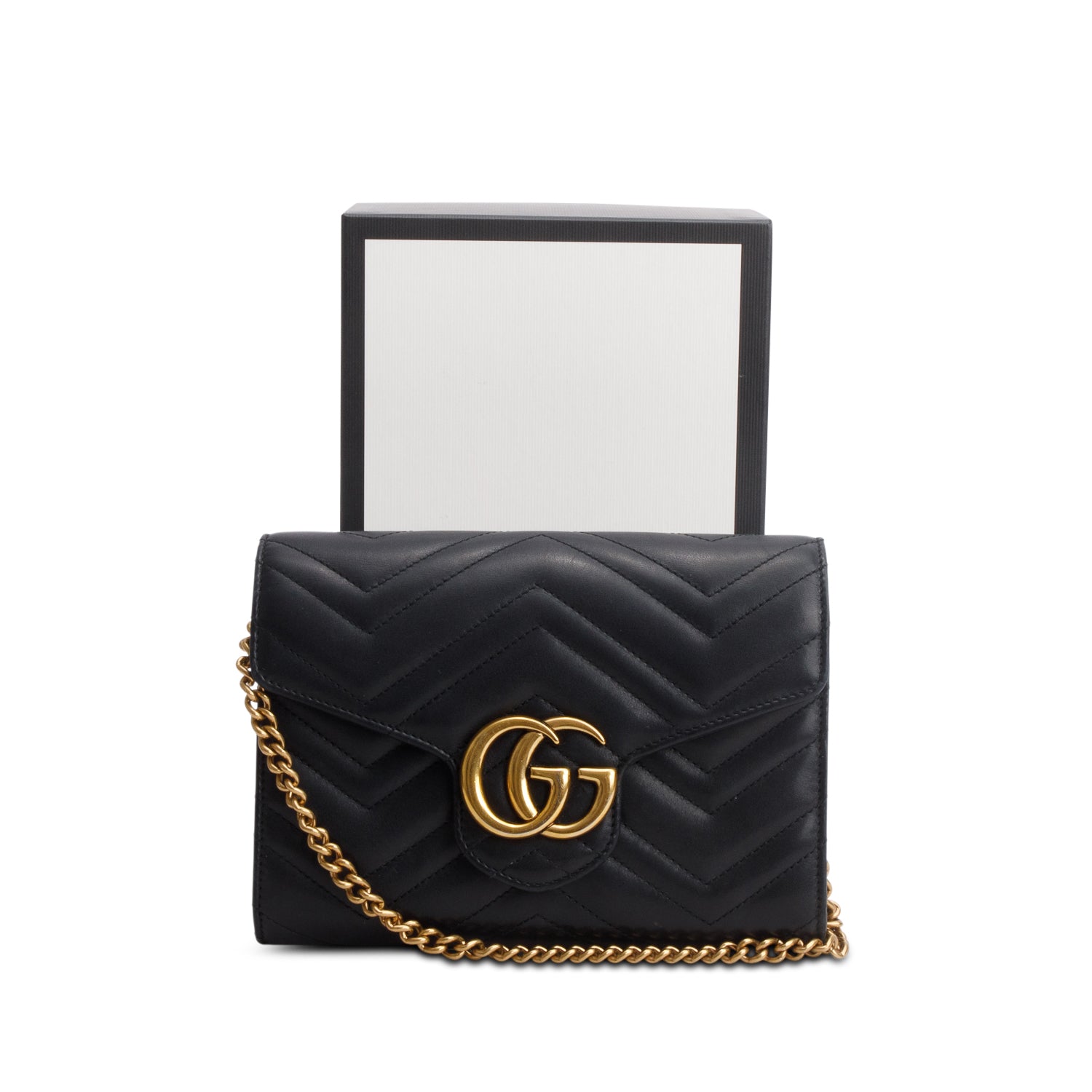 Gucci Black Calfskin Matelasse GG Marmont Wallet on Chain w/ Box