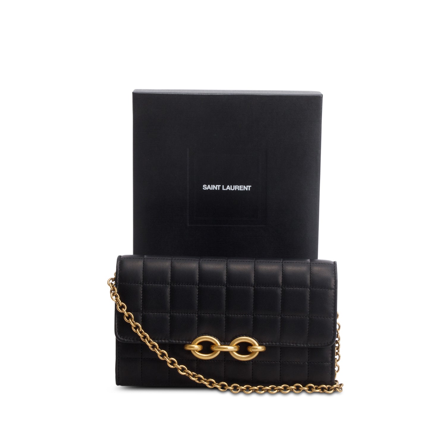 Saint Laurent Black 2022 Lambskin Carre Quilted Le Maillon Wallet on Chain w/ Box