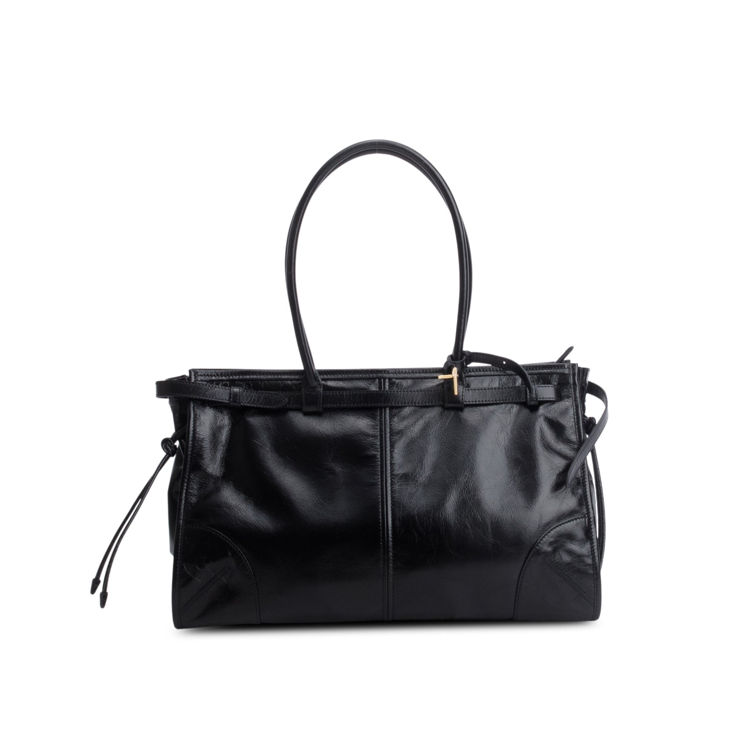 Prada Black Glossy Calfskin Triangle Large Bonnie Shoulder Bag w/ Strap