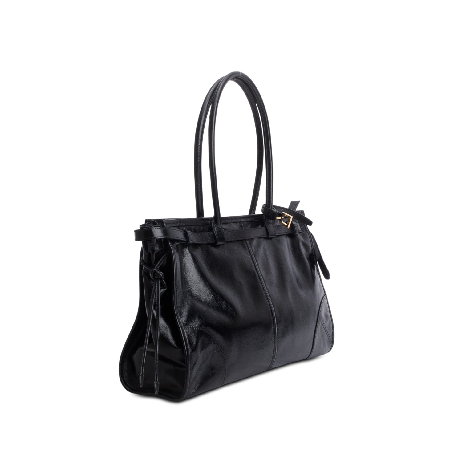 Prada Black Glossy Calfskin Triangle Large Bonnie Shoulder Bag w/ Strap