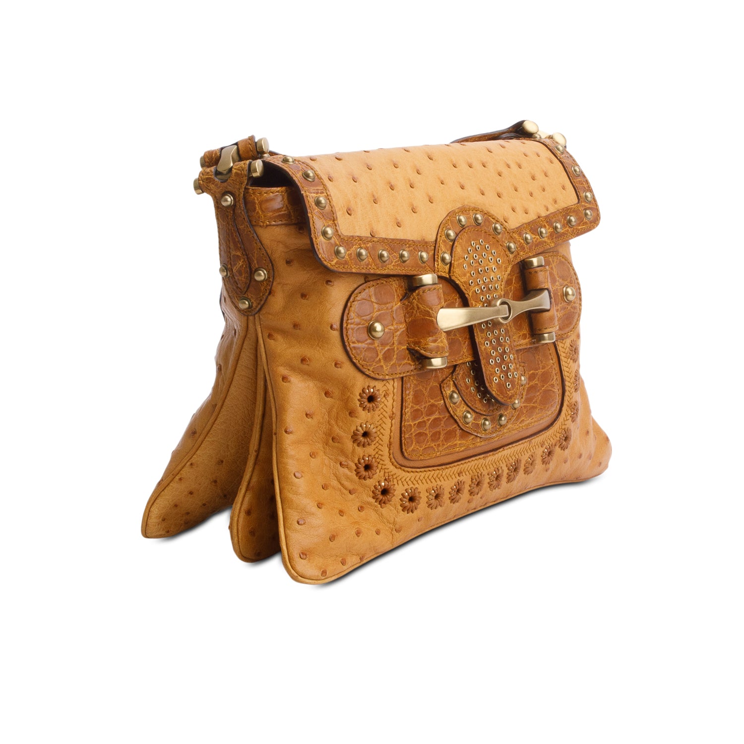 Gucci Brown Ostrich Studded Pelham Flap Bag