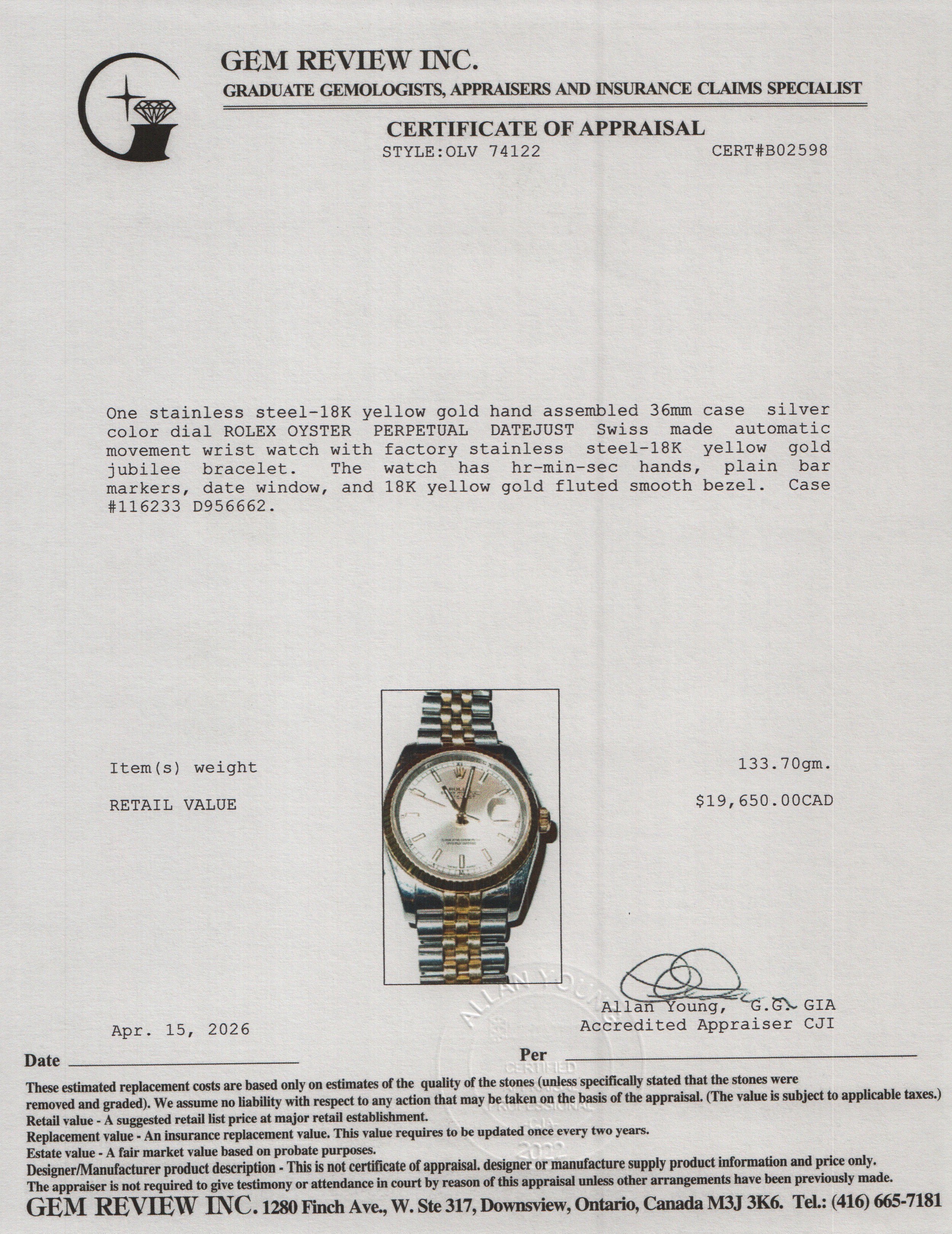 Rolex Stainless Steel & 18k Yellow Gold Datejust 36 MM Watch Silver Dial 116233 w/ Box & Papers
