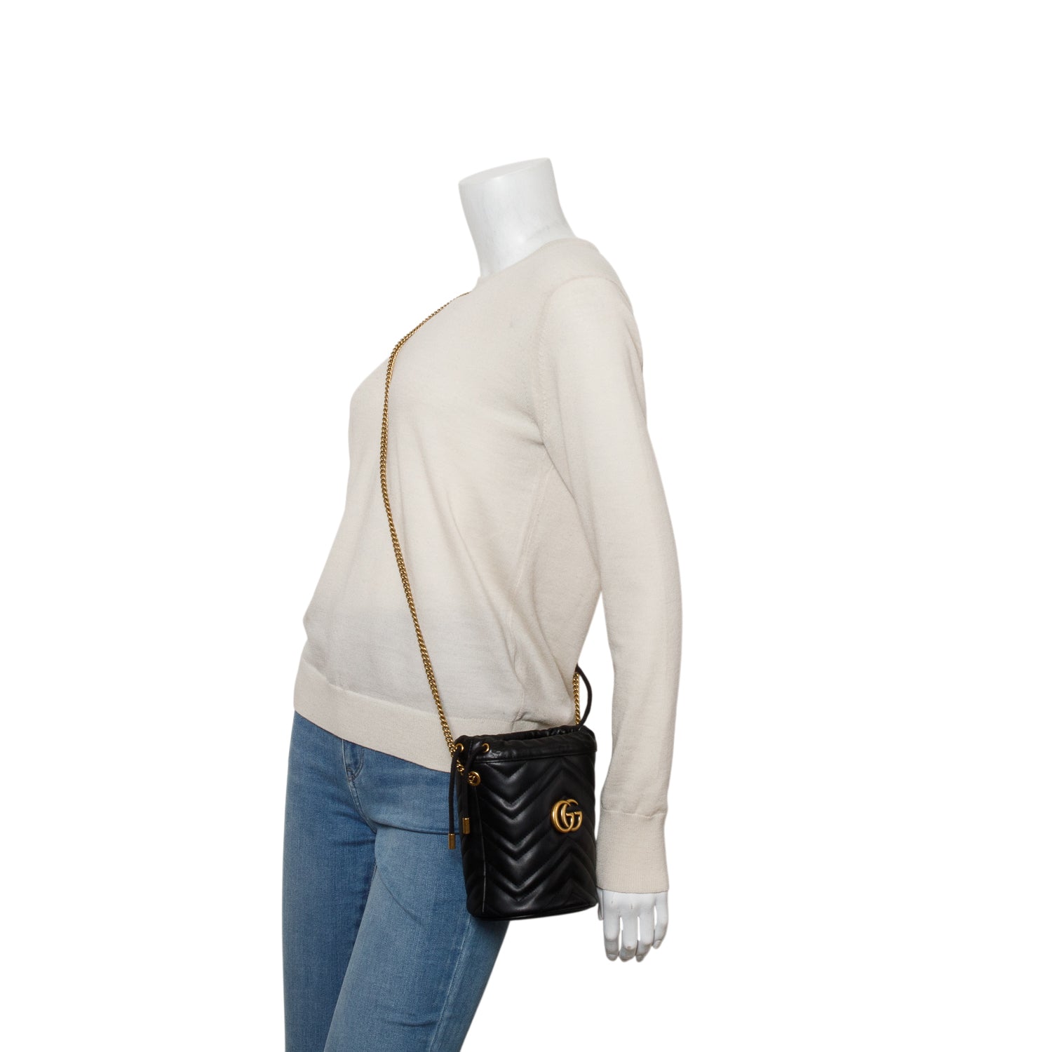 Gucci Black Calfskin Leather GG Marmont Small Bucket Bag