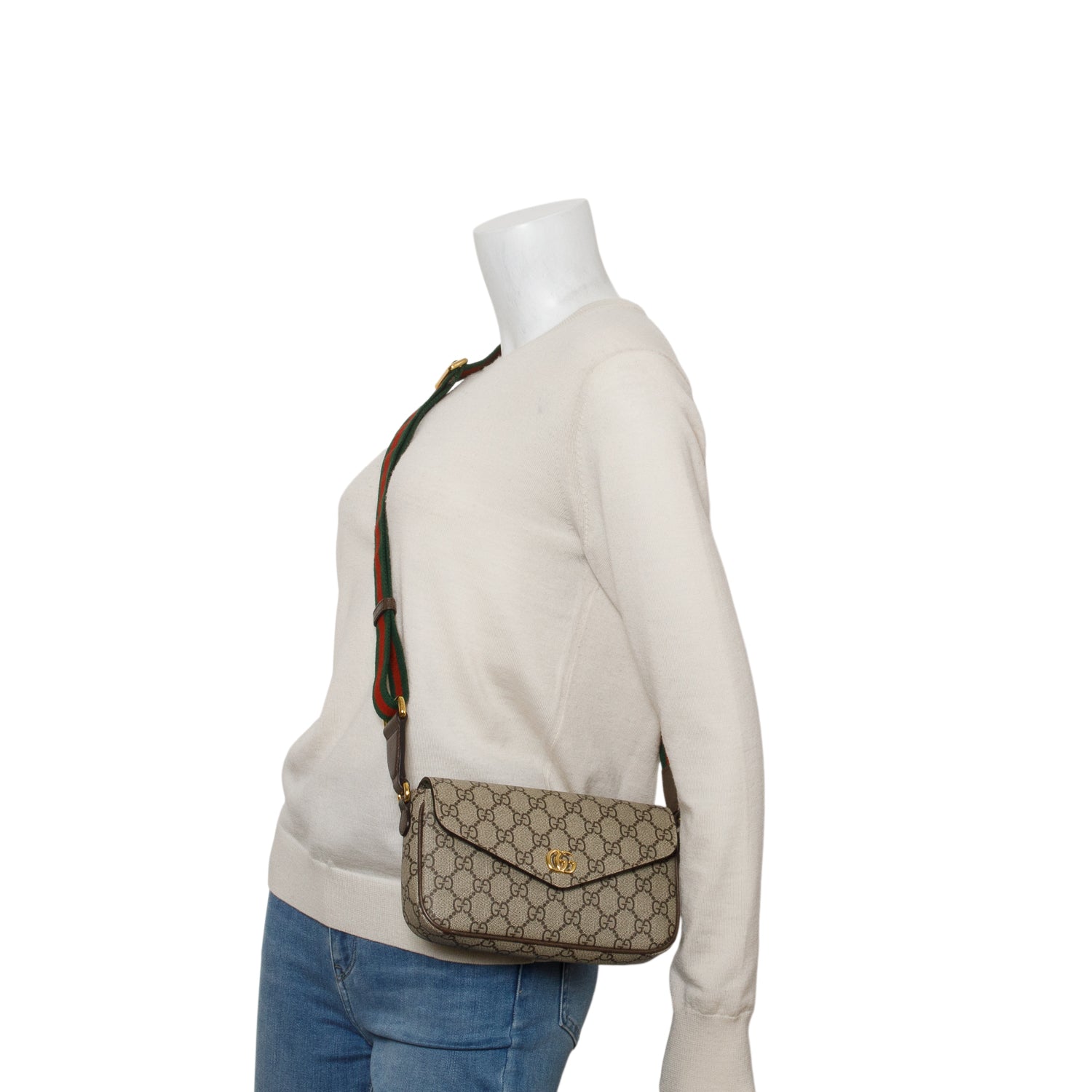 Gucci GG Supreme Monogram Textured Dollar Calfskin Web Mini Ophidia Envelope Shoulder Bag