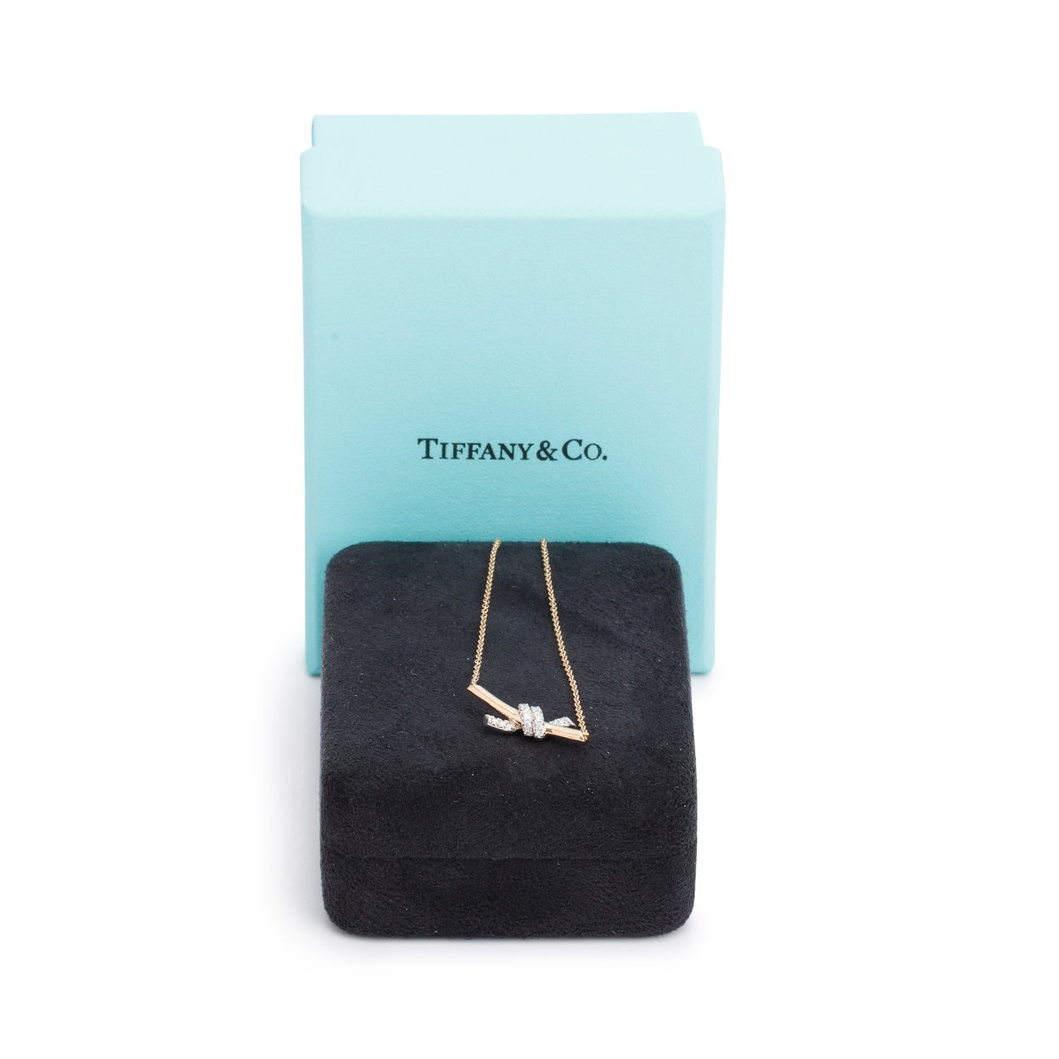 Tiffany & Co. 18k Rose Gold & Platinum Diamond Small Knot Pendant Necklace w/ Box