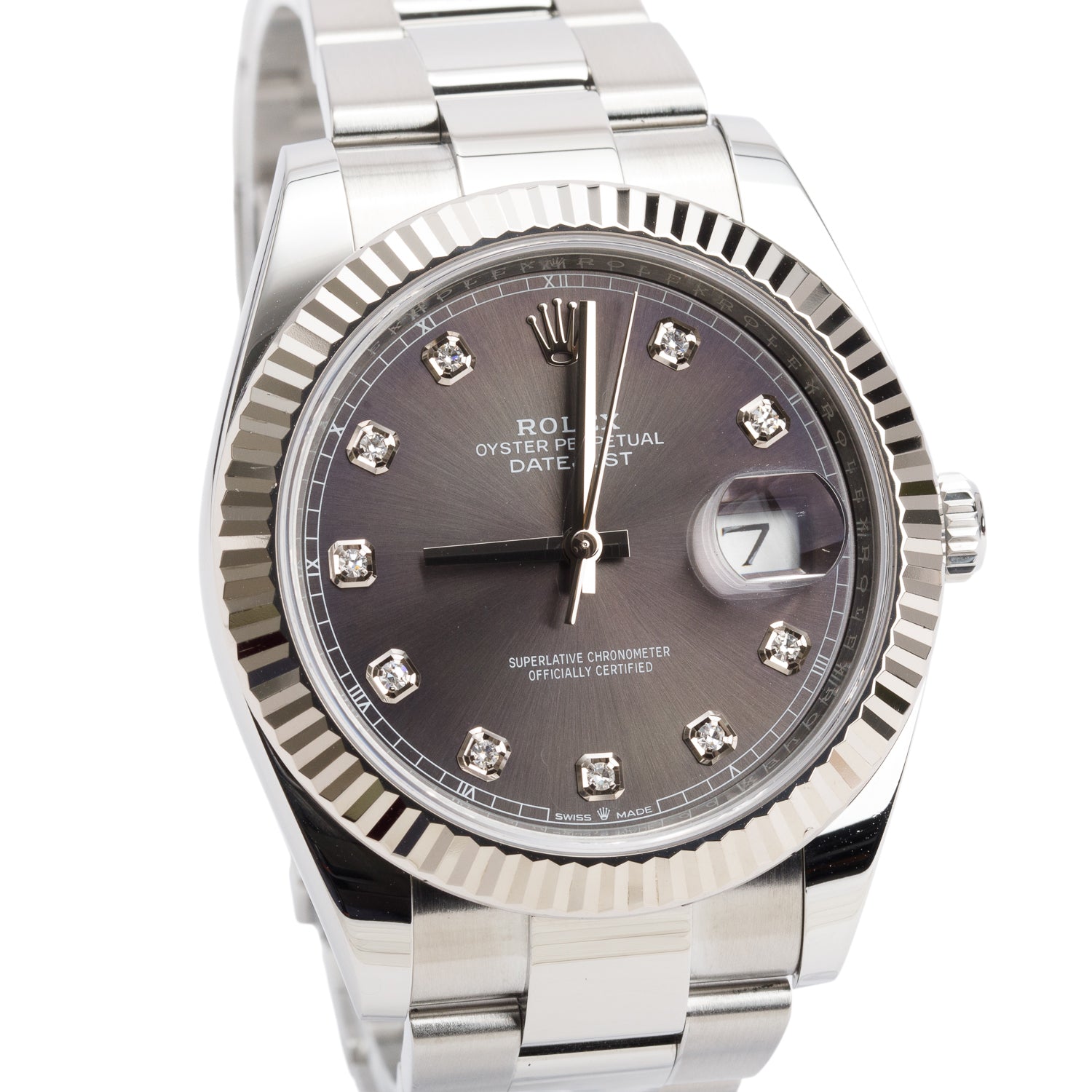 Rolex Stainless Steel Oyster Perpetual Datejust 41 MM Watch Grey Diamond Dial 126334 w/ Box & Papers