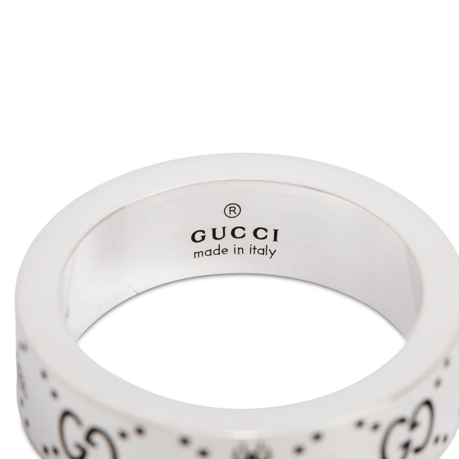 Gucci Sterling Silver GG And Bee Engraved 6 MM Band Ring, Size 14 6.5