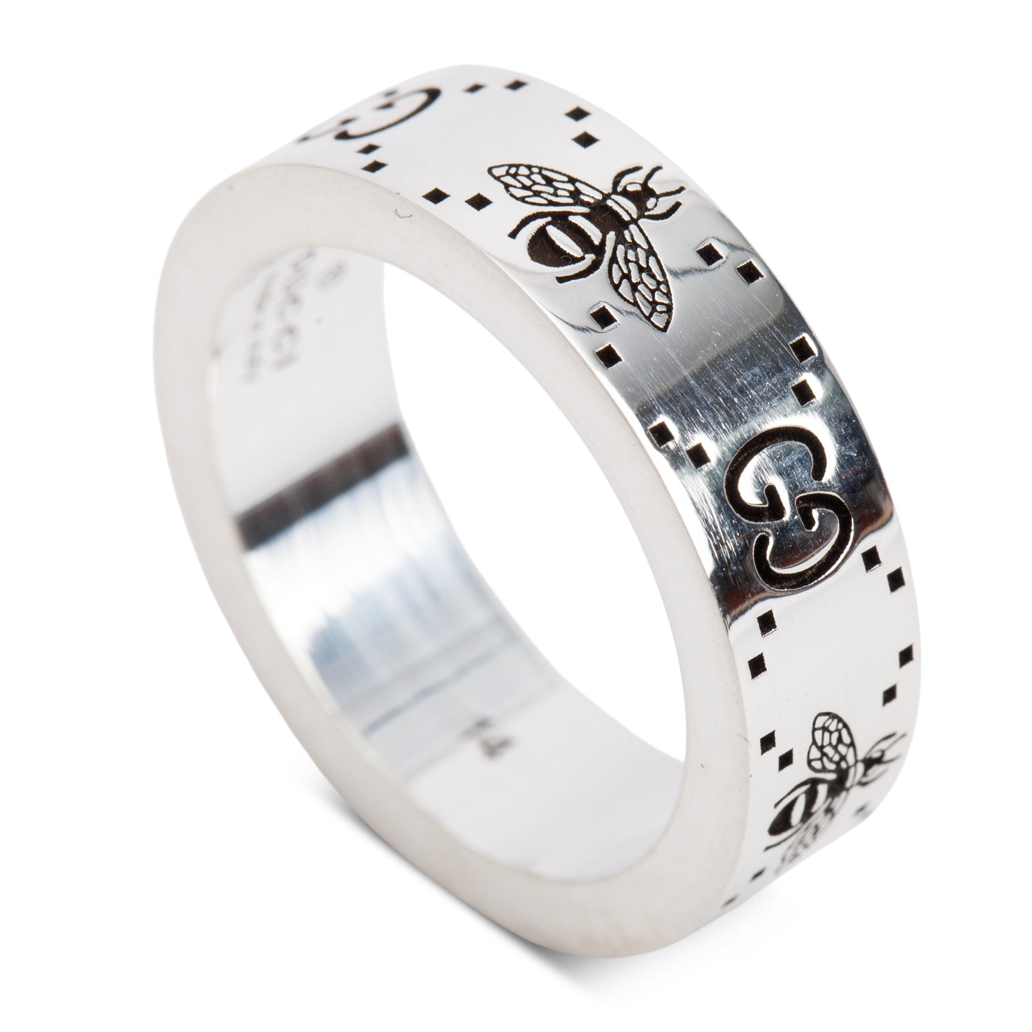 Gucci Sterling Silver GG And Bee Engraved 6 MM Band Ring, Size 14 6.5