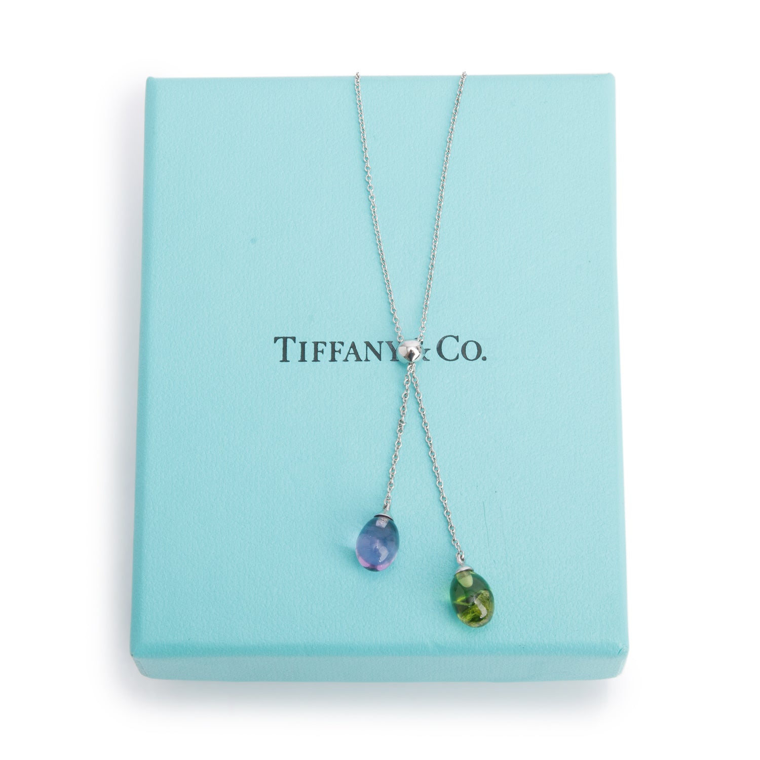 Tiffany & Co. 18k White Gold Amethyst & Peridot Rainbow Drop Pendant Necklace w/ Box