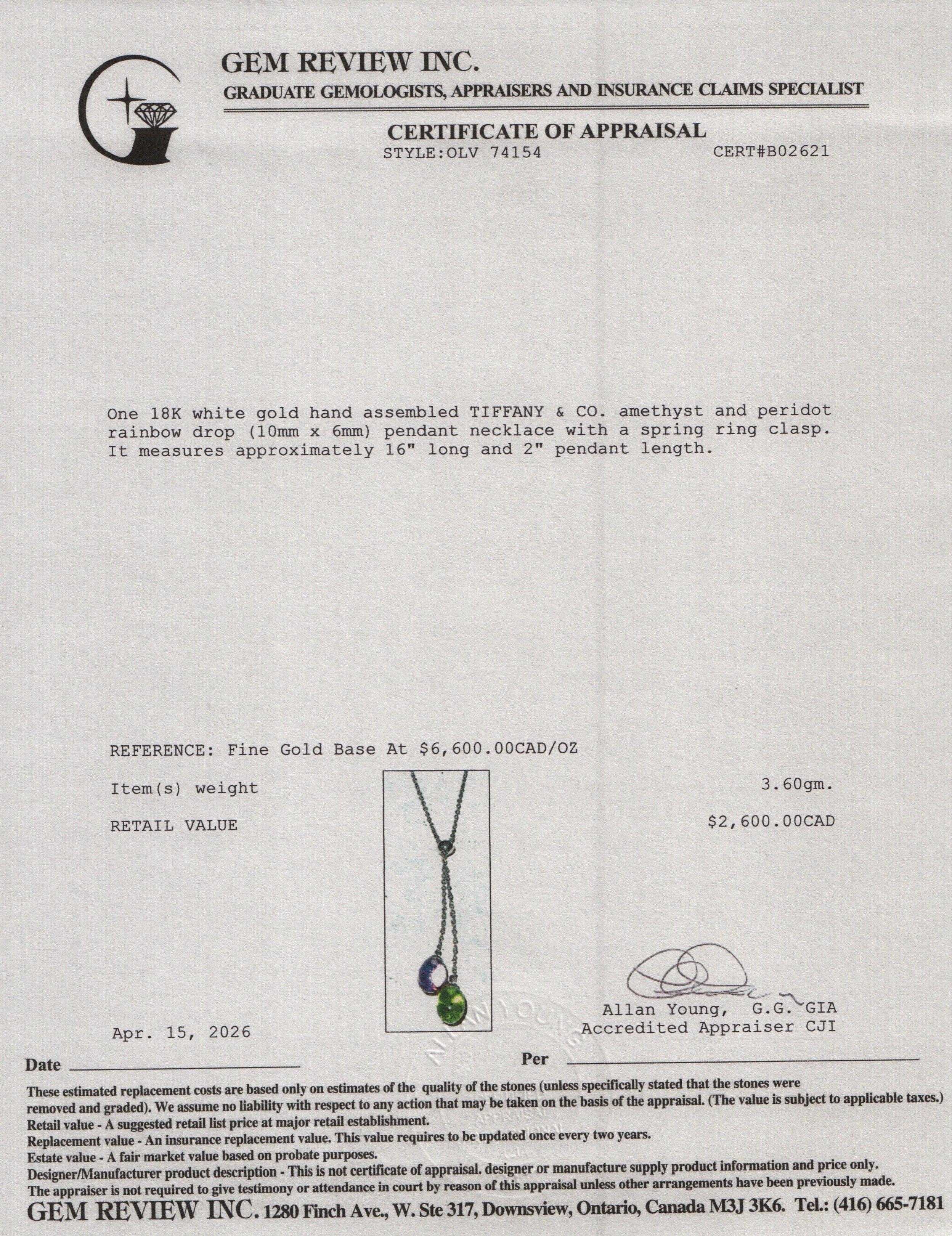 Tiffany & Co. 18k White Gold Amethyst & Peridot Rainbow Drop Pendant Necklace w/ Box